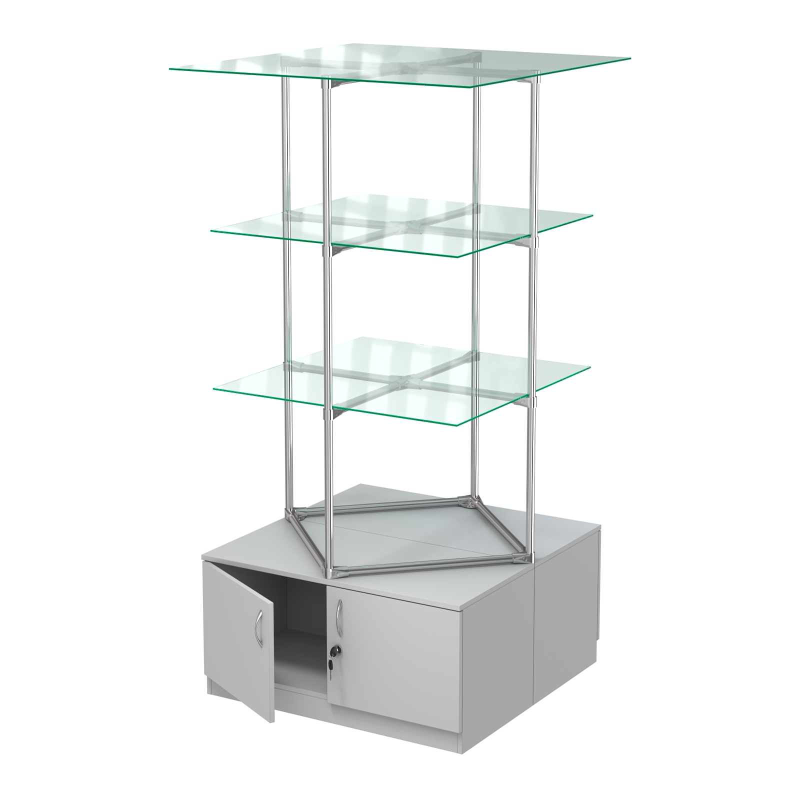 Торговые стенды Экспозиция с полками и тумбами №1 (с двумя стеклянными полками 6мм) Серый