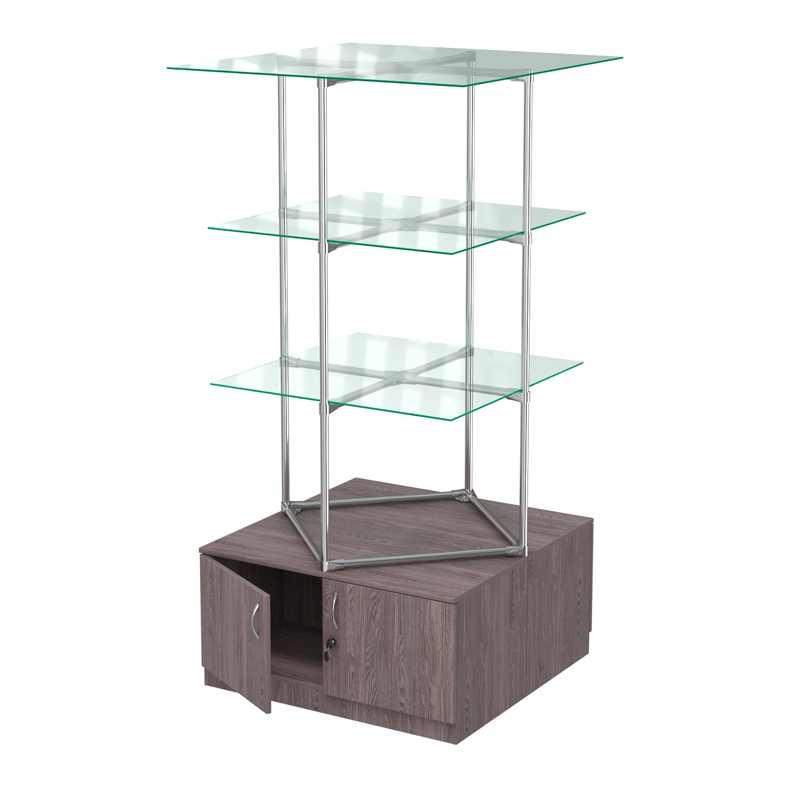 Торговые стенды Экспозиция с полками и тумбами №1 (с двумя стеклянными полками 6мм) Ясень Анкор темный
