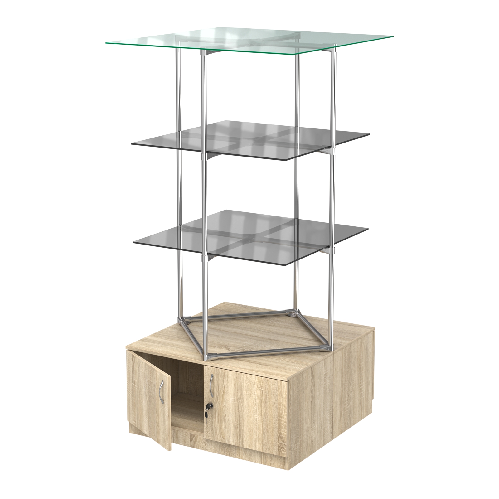 Торговые стенды Экспозиция с полками и тумбами №2 (с двумя тонированными полками 8мм) Дуб Сонома