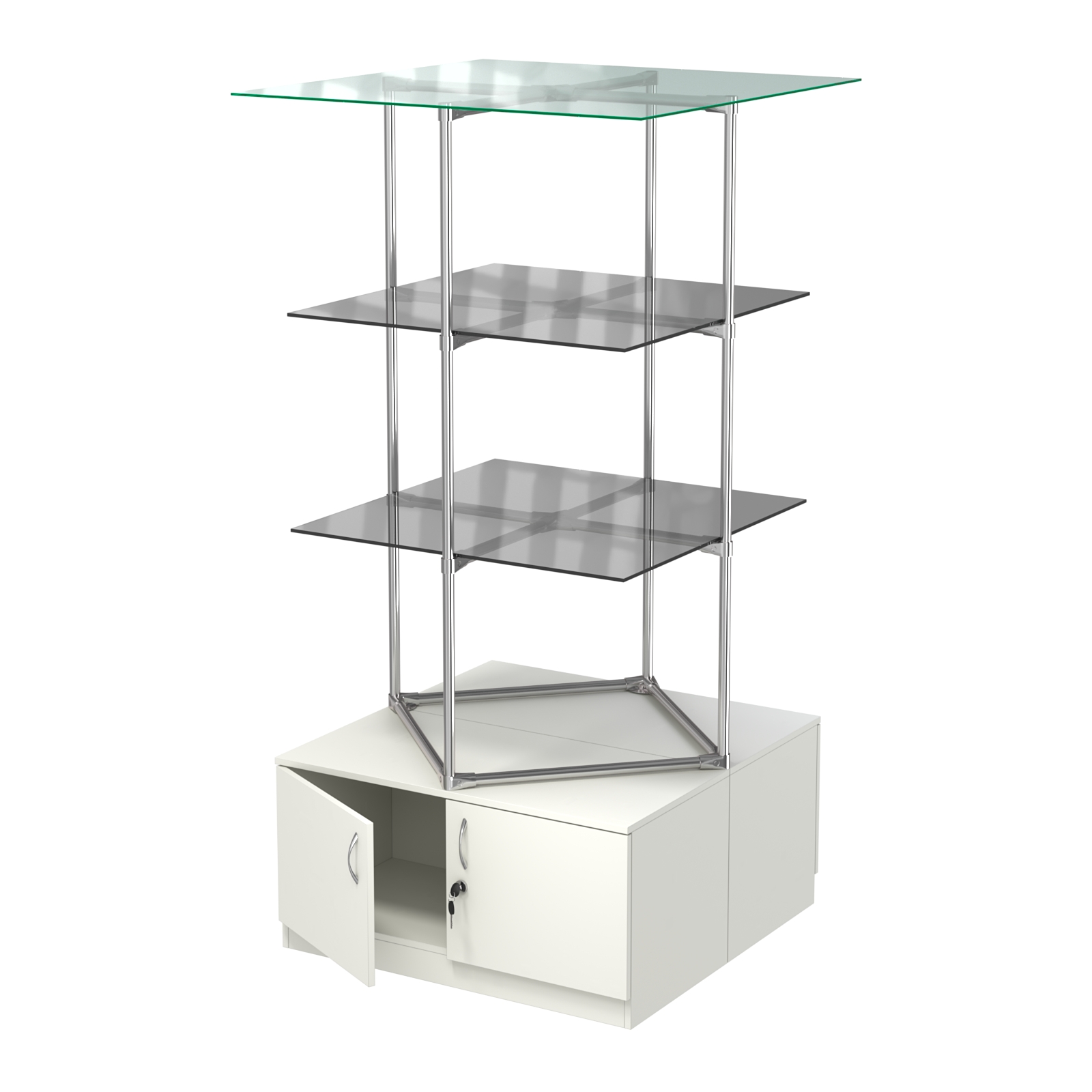 Торговые стенды Экспозиция с полками и тумбами №2 (с двумя тонированными полками 8мм) Белый