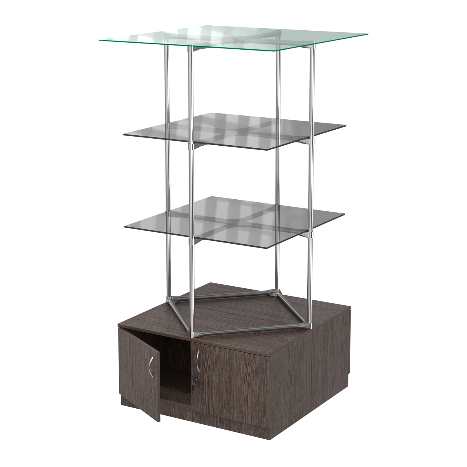 Торговые стенды Экспозиция с полками и тумбами №2 (с двумя тонированными полками 8мм) Дуб Венге