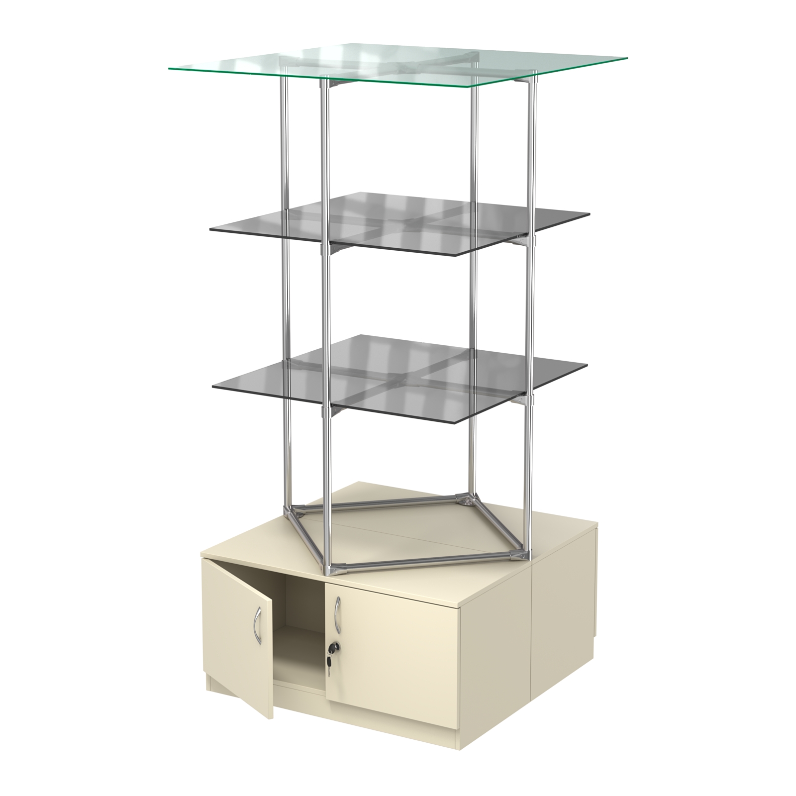 Торговые стенды Экспозиция с полками и тумбами №2 (с двумя тонированными полками 8мм) Крем Вайс