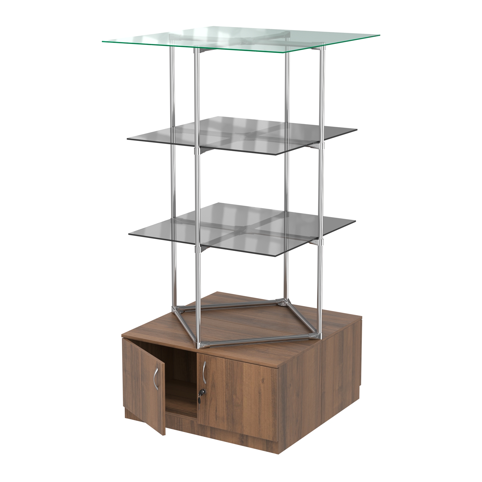 Торговые стенды Экспозиция с полками и тумбами №2 (с двумя тонированными полками 8мм) Орех