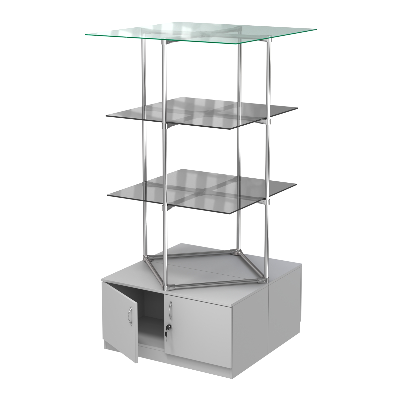 Торговые стенды Экспозиция с полками и тумбами №2 (с двумя тонированными полками 8мм) Серый