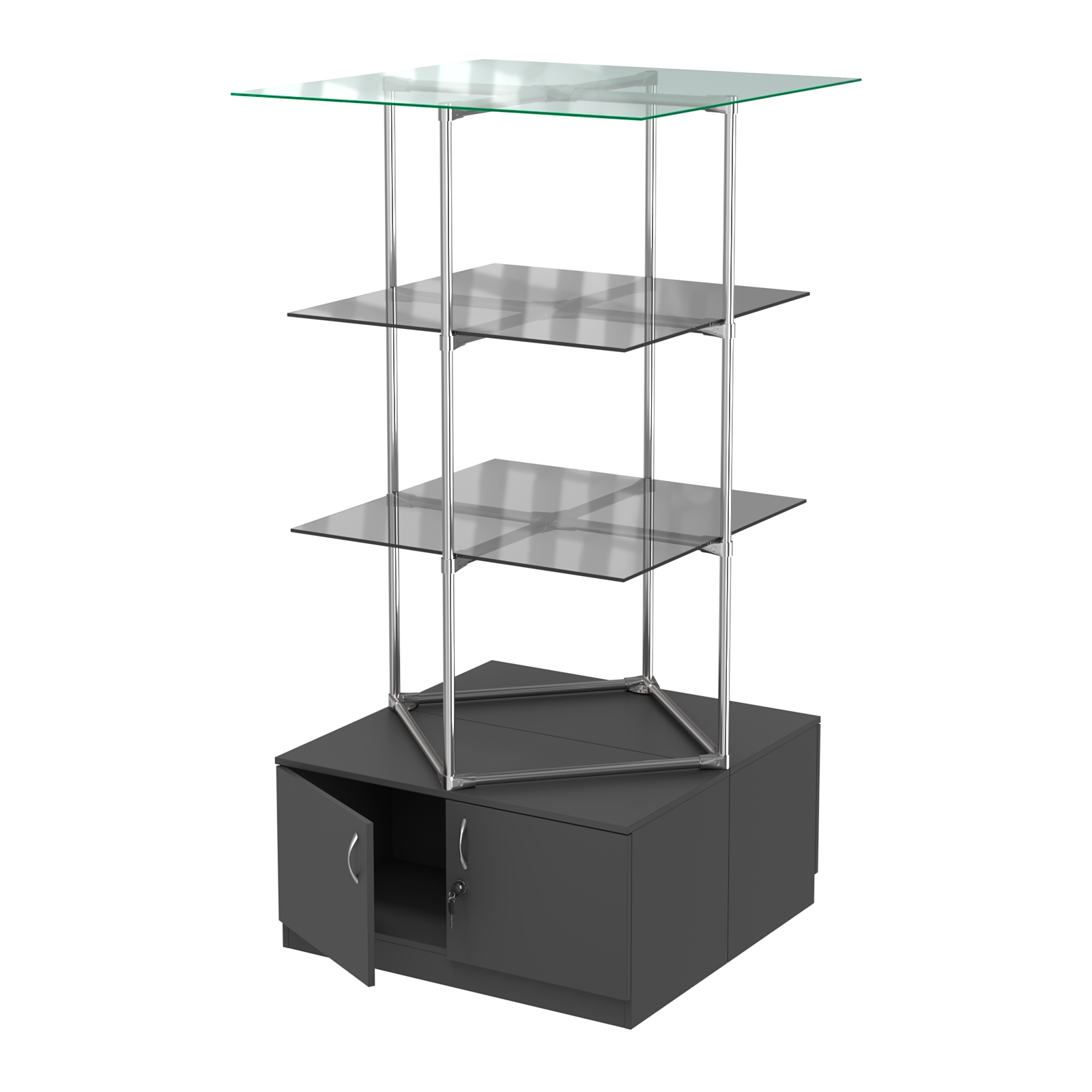 Торговые стенды Экспозиция с полками и тумбами №2 (с двумя тонированными полками 8мм) Черный