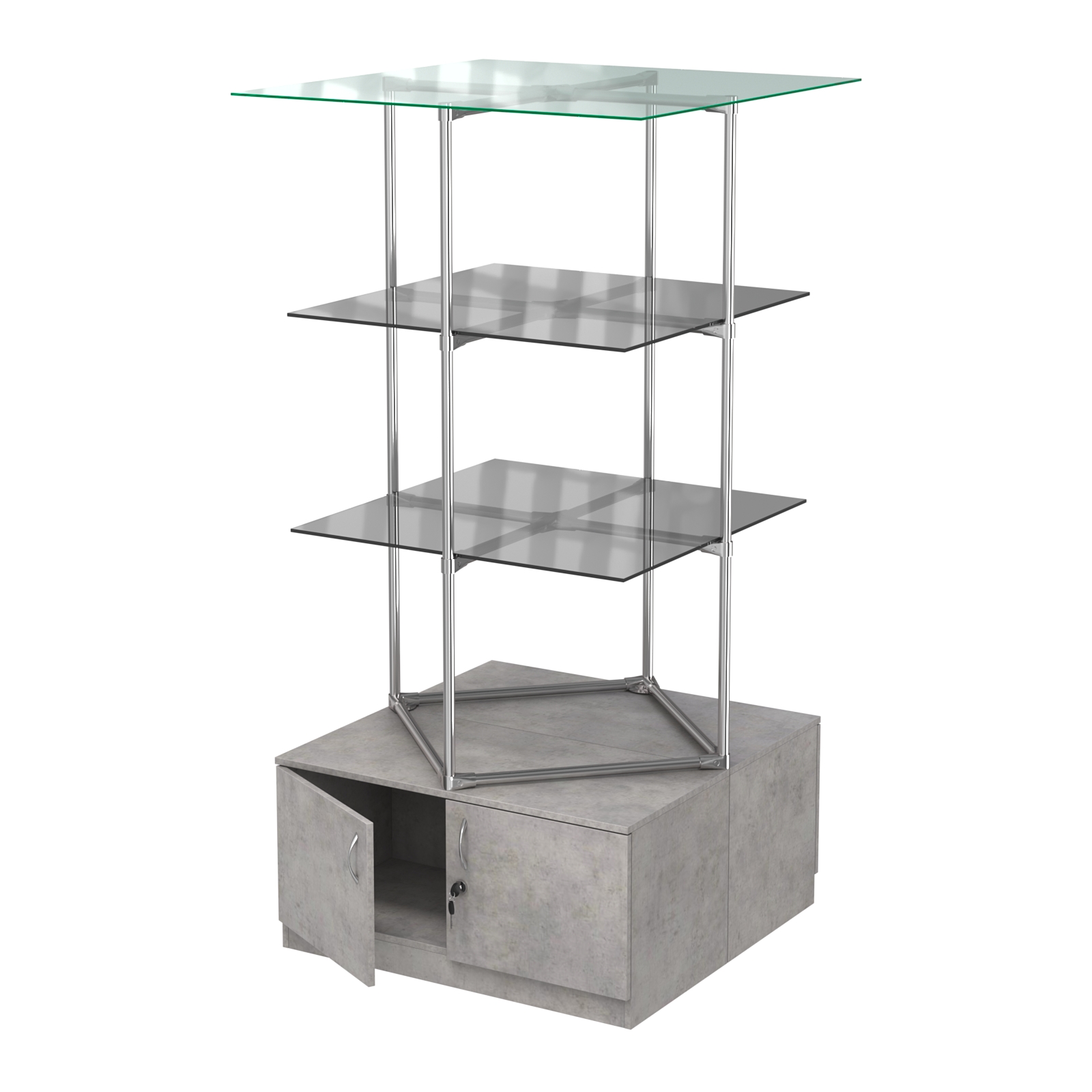 Торговые стенды Экспозиция с полками и тумбами №2 (с двумя тонированными полками 8мм) Бетон Чикаго светло-серый F186 ST9