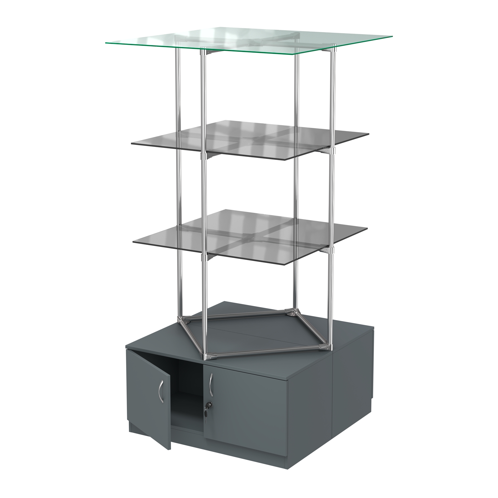 Торговые стенды Экспозиция с полками и тумбами №2 (с двумя тонированными полками 8мм) Темно-Серый