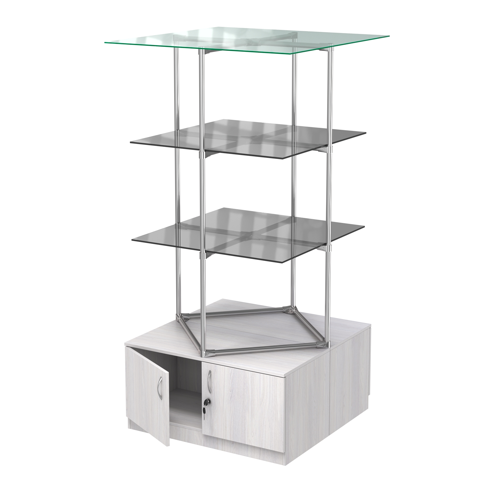 Торговые стенды Экспозиция с полками и тумбами №2 (с двумя тонированными полками 8мм) Ясень Анкор светлый