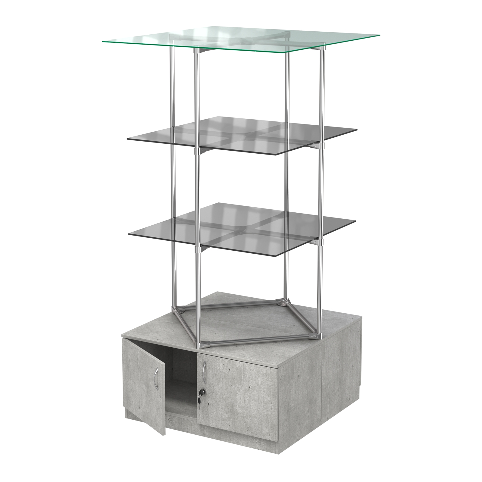 Торговые стенды Экспозиция с полками и тумбами №2 (с двумя тонированными полками 8мм) Метрополитан Грей