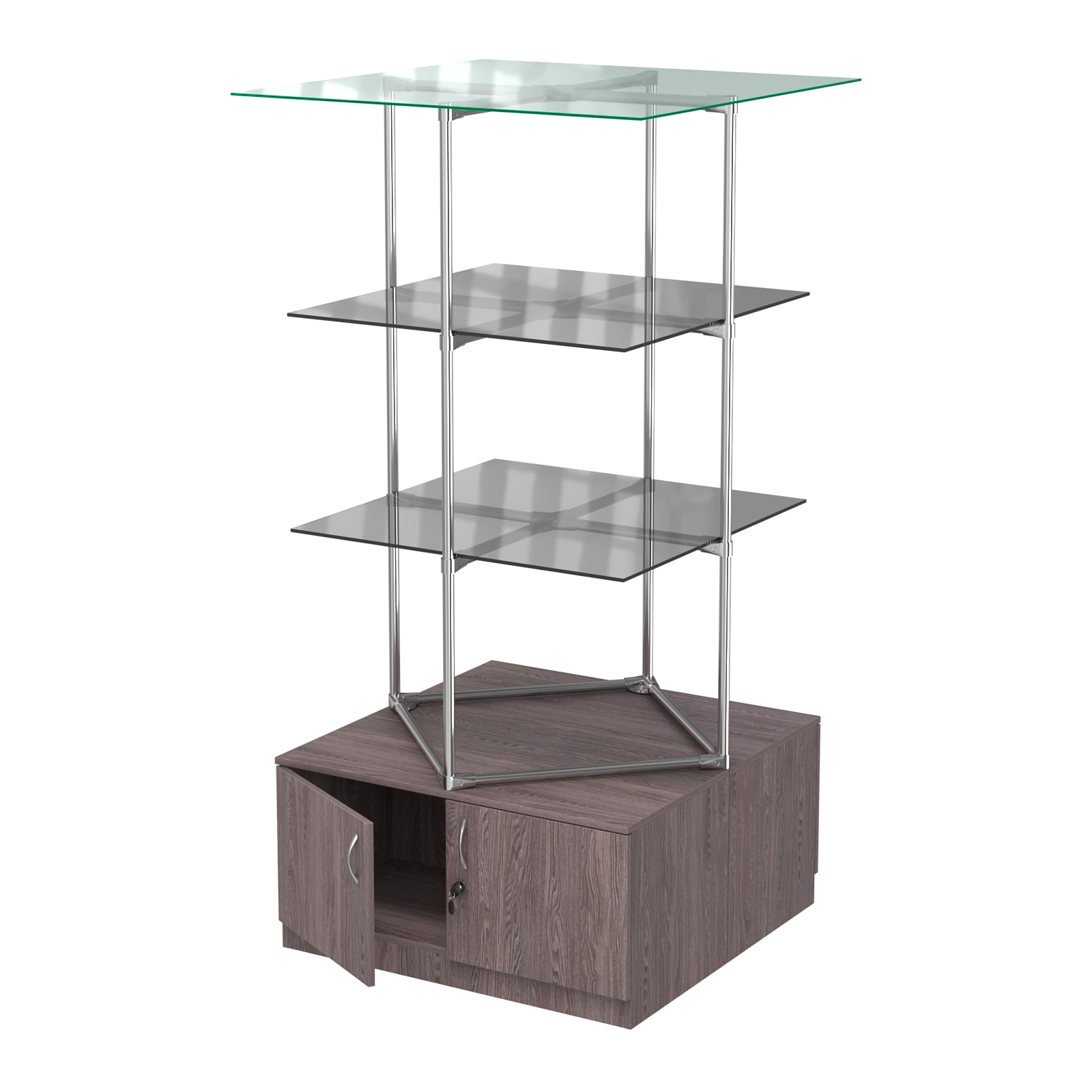 Торговые стенды Экспозиция с полками и тумбами №2 (с двумя тонированными полками 8мм) Ясень Анкор темный