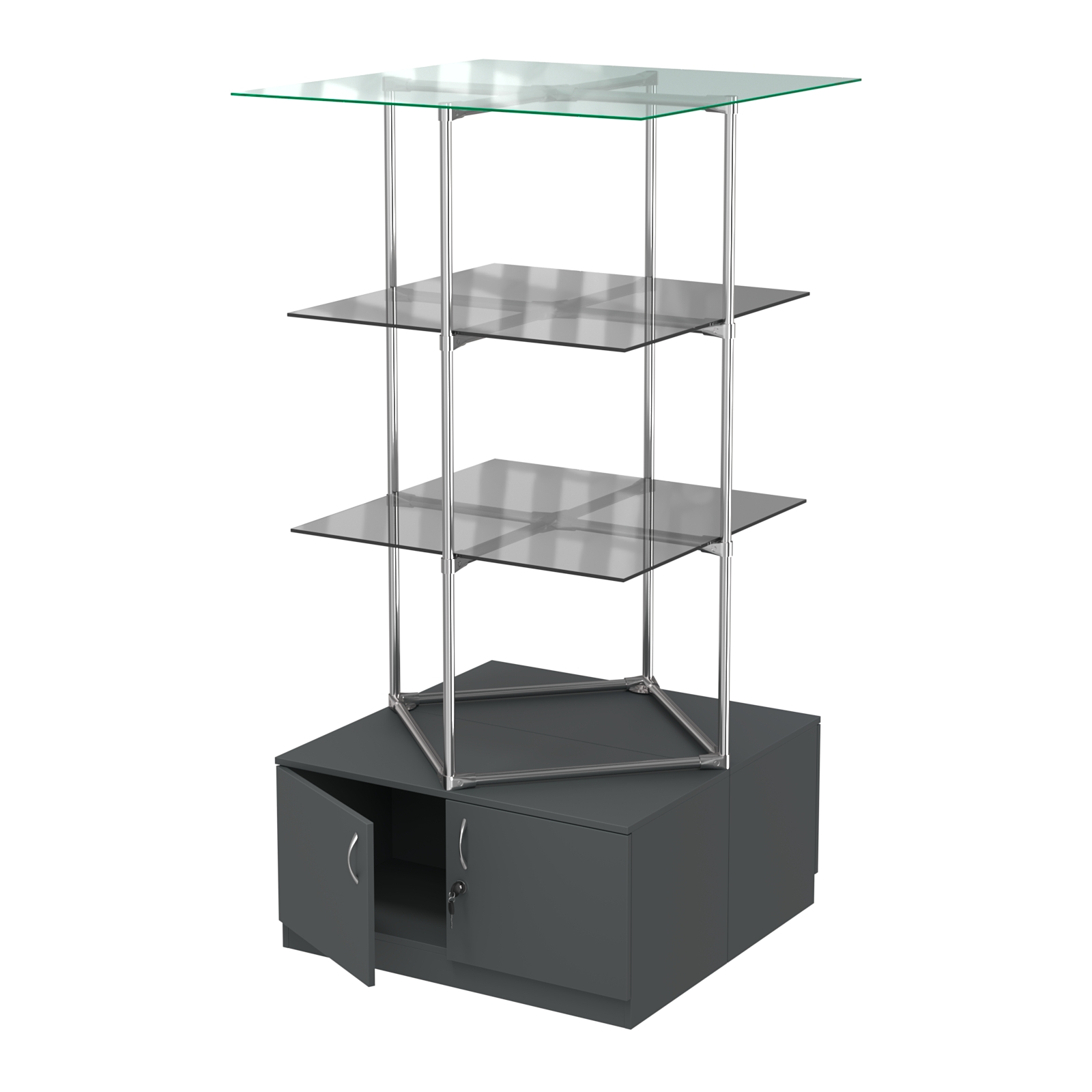 Торговые стенды Экспозиция с полками и тумбами №2 (с двумя тонированными полками 8мм) Антрацит