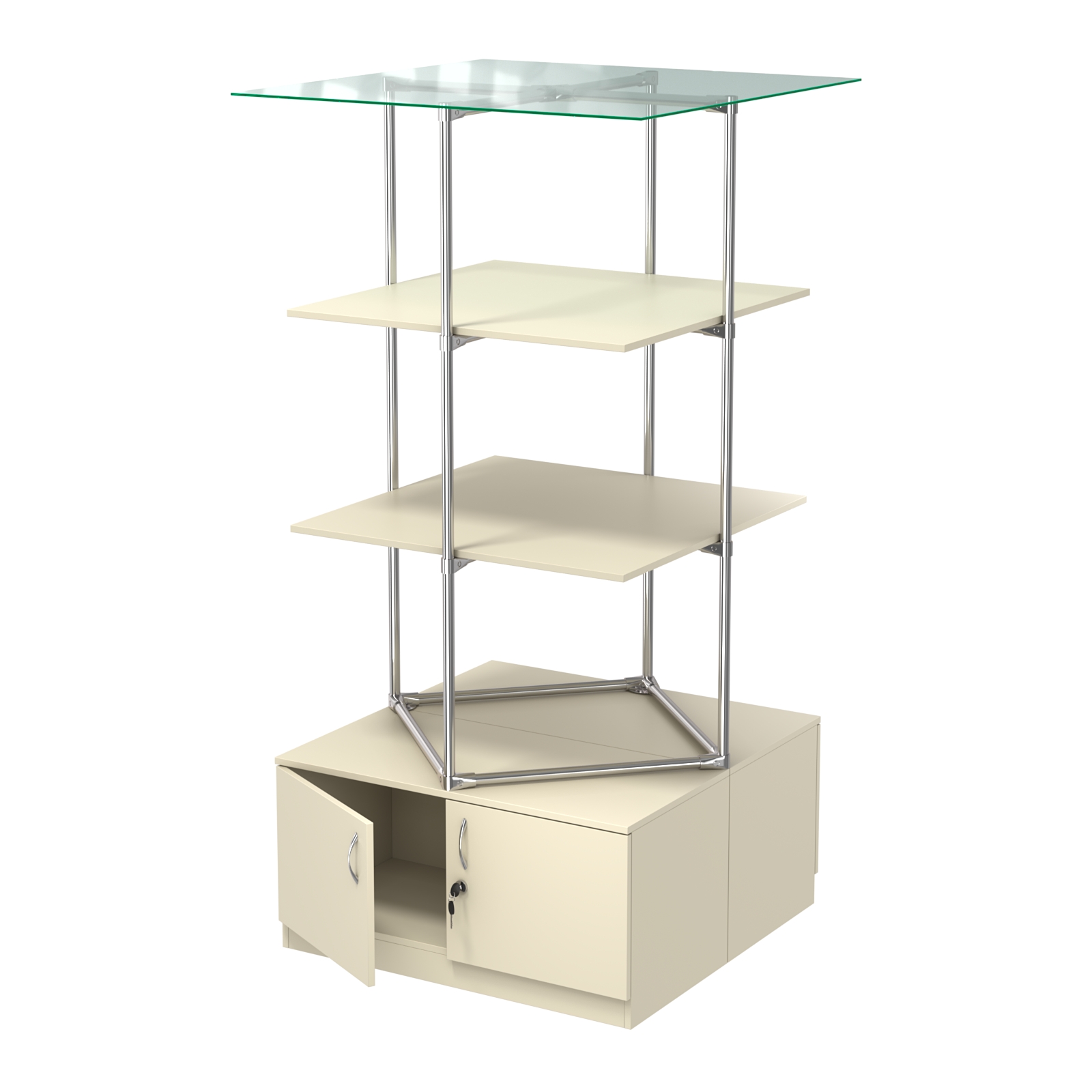 Торговые стенды Экспозиция с полками и тумбами №3 (с двумя полками ДСП 16мм) Крем Вайс