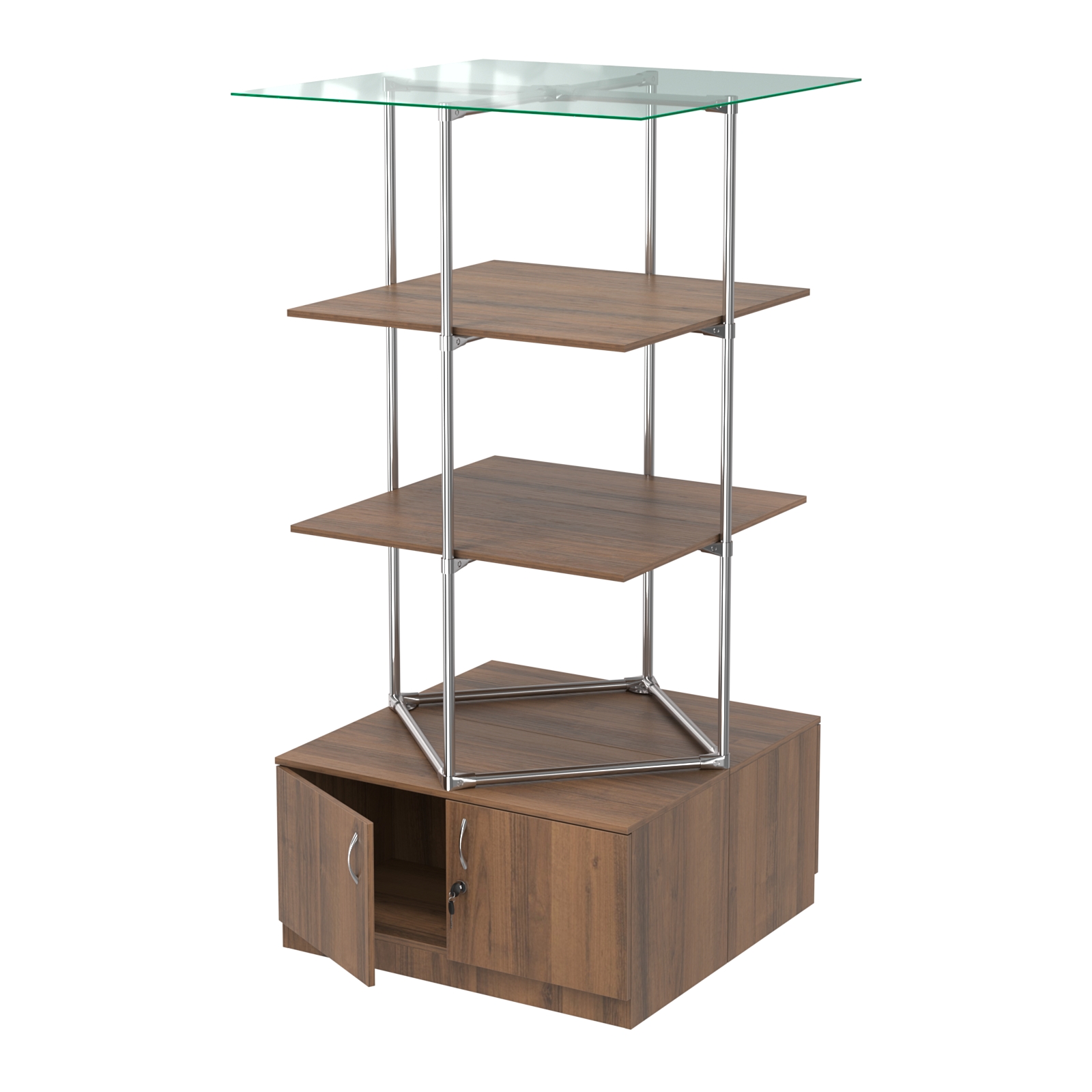 Торговые стенды Экспозиция с полками и тумбами №3 (с двумя полками ДСП 16мм) Орех