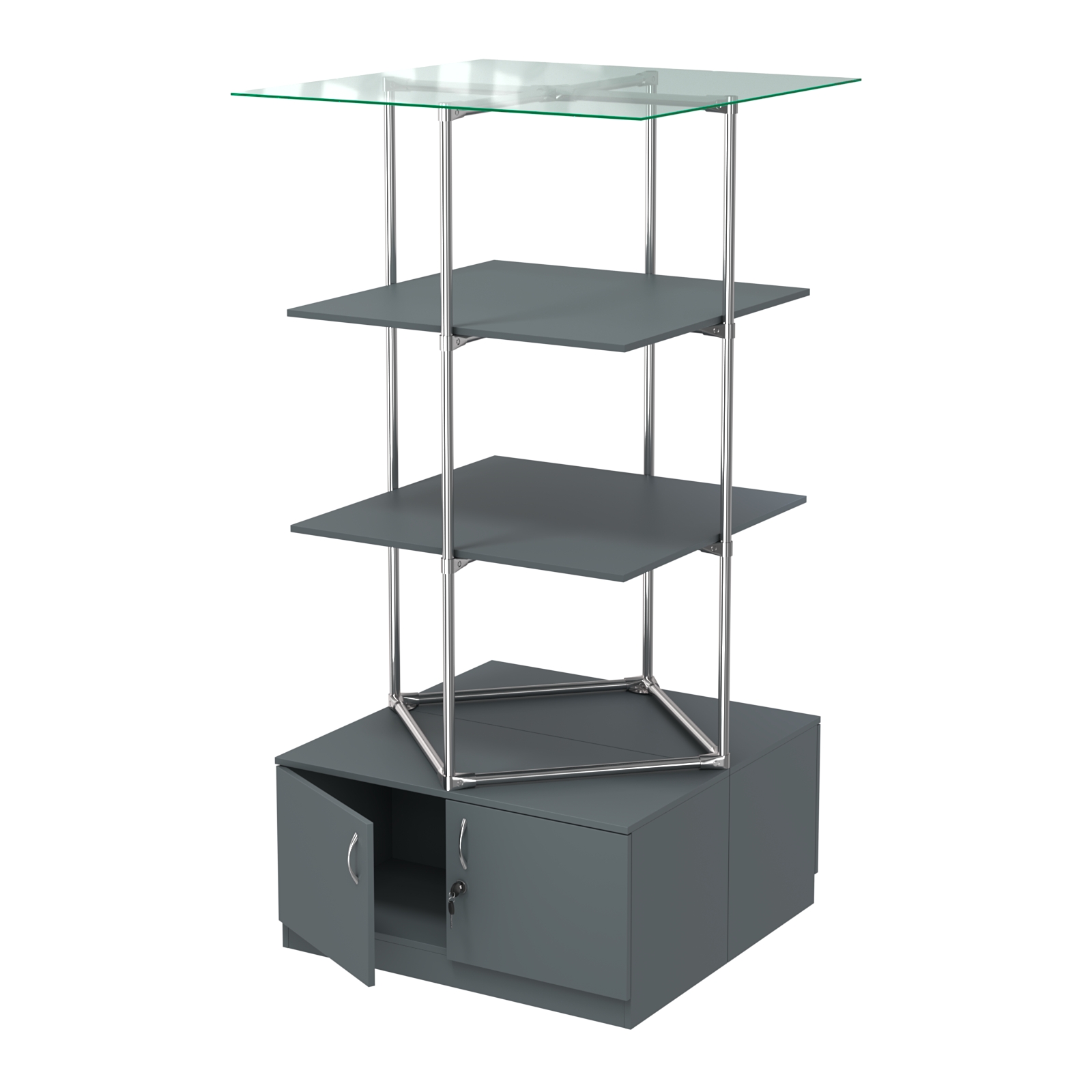 Торговые стенды Экспозиция с полками и тумбами №3 (с двумя полками ДСП 16мм) Темно-Серый