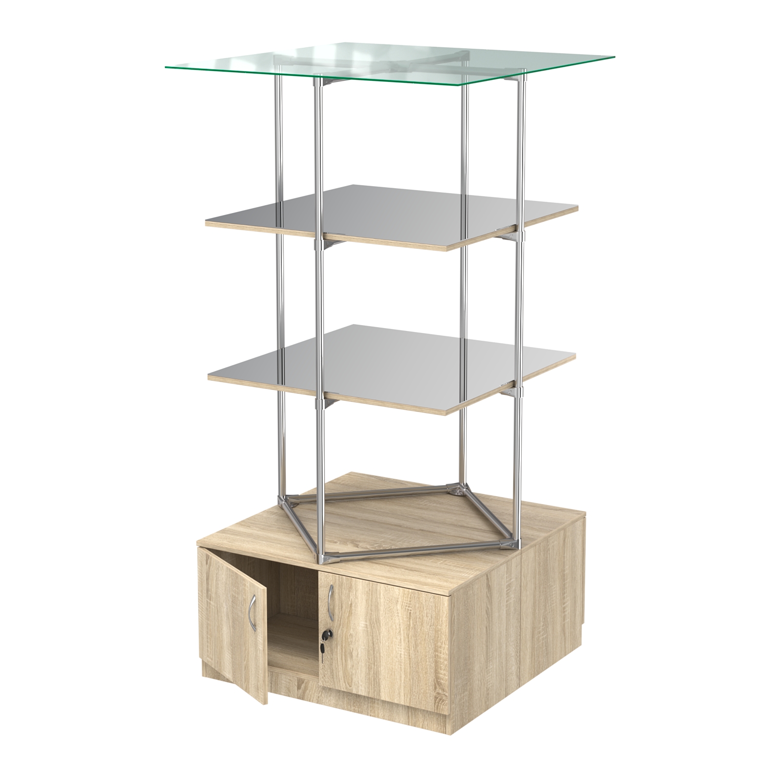 Торговые стенды Экспозиция с полками и тумбами №4 (с двумя зеркальными полками) Дуб Сонома