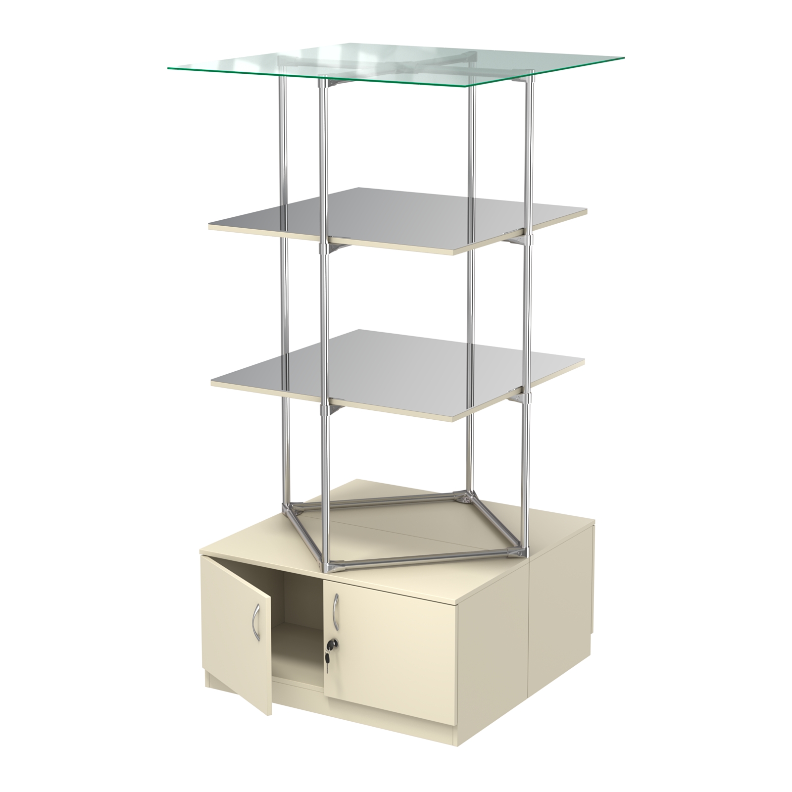 Торговые стенды Экспозиция с полками и тумбами №4 (с двумя зеркальными полками) Крем Вайс