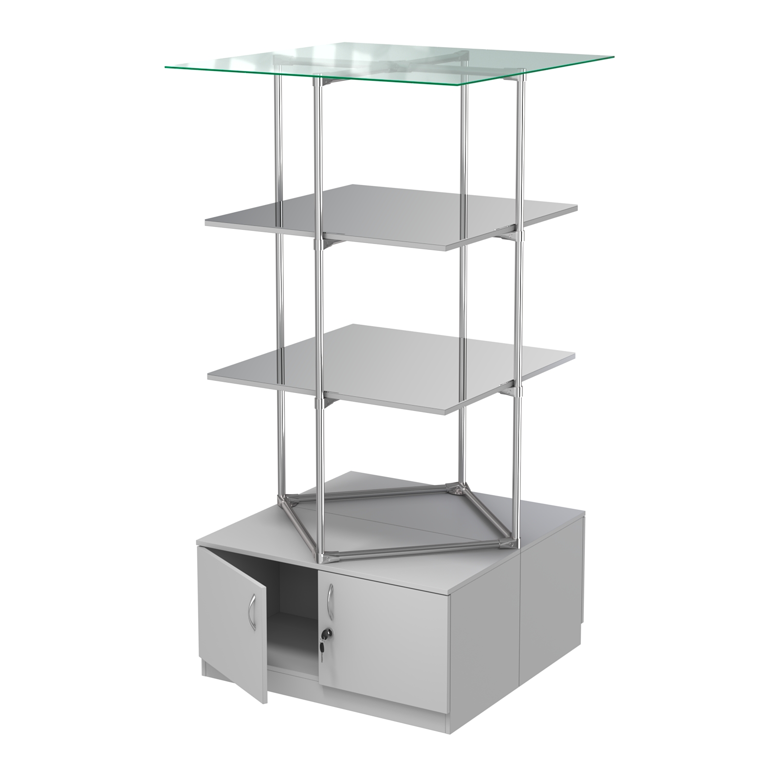 Торговые стенды Экспозиция с полками и тумбами №4 (с двумя зеркальными полками) Серый