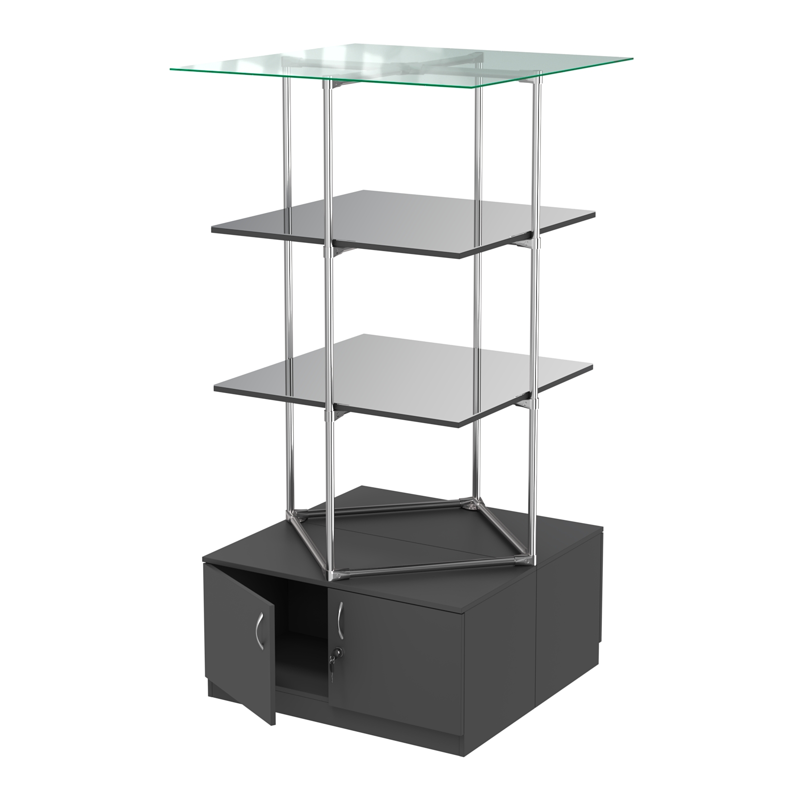 Торговые стенды Экспозиция с полками и тумбами №4 (с двумя зеркальными полками) Черный