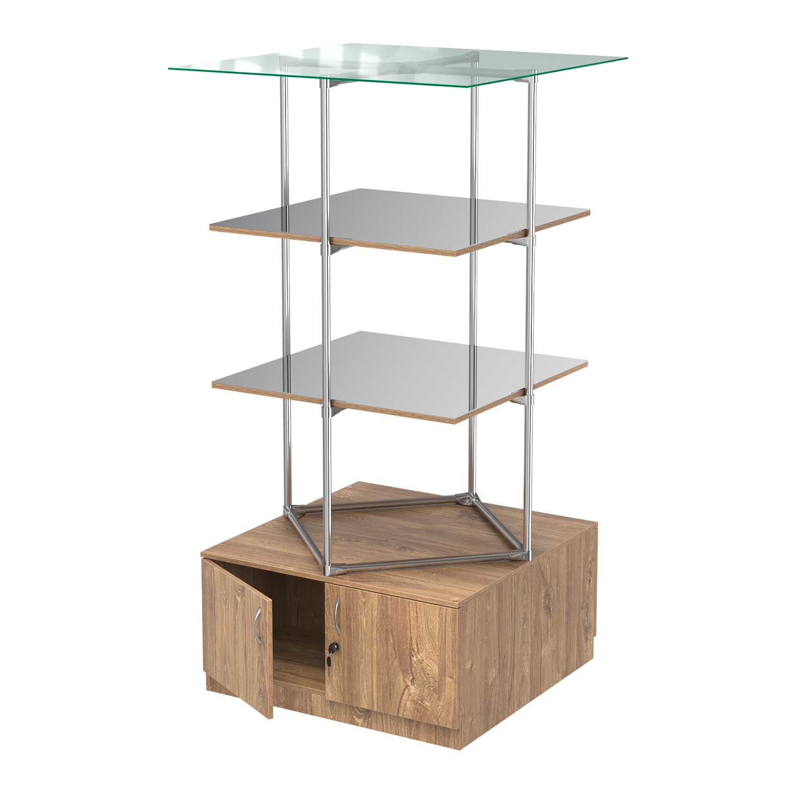 Торговые стенды Экспозиция с полками и тумбами №4 (с двумя зеркальными полками) Дуб Канзас коричневый