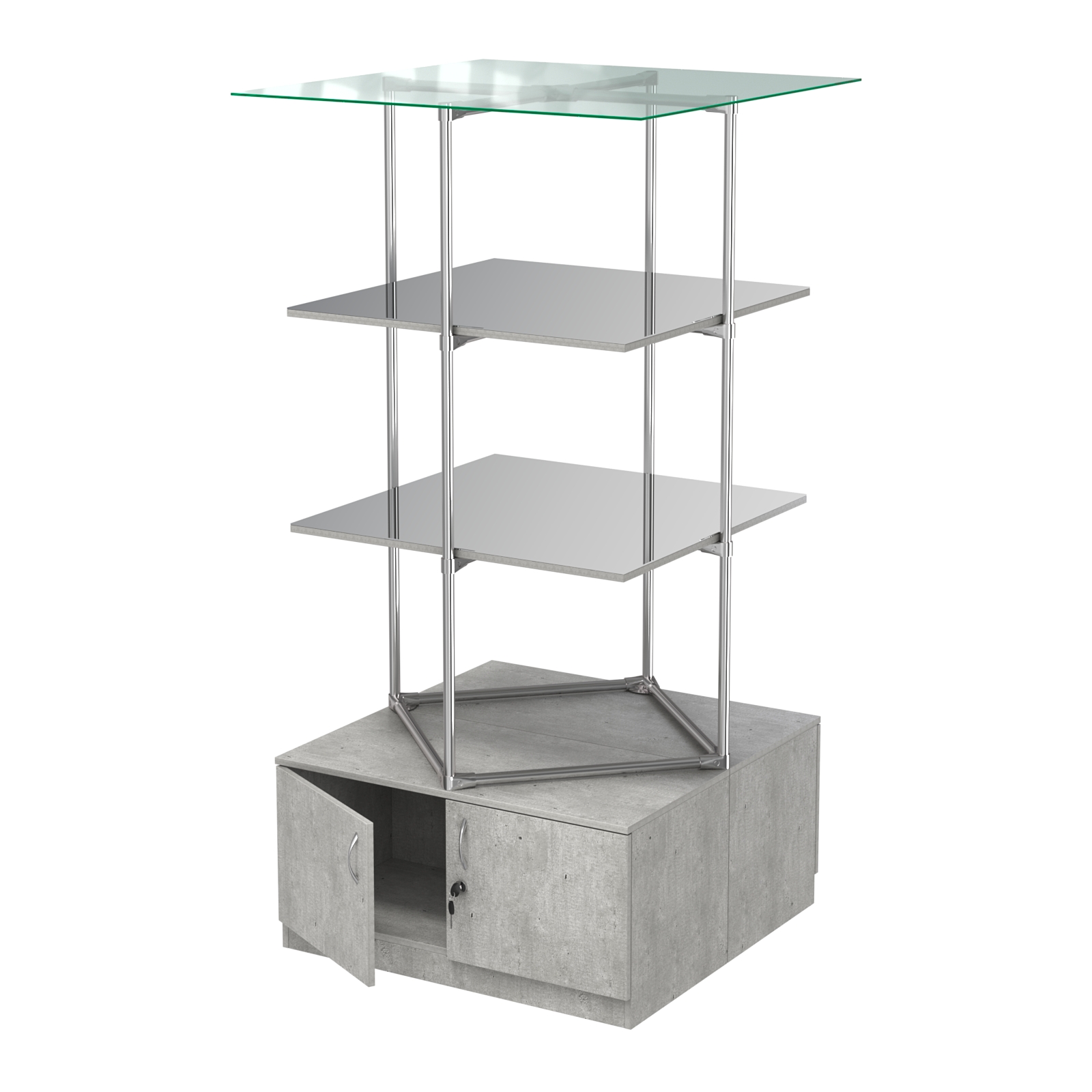 Торговые стенды Экспозиция с полками и тумбами №4 (с двумя зеркальными полками) Метрополитан Грей