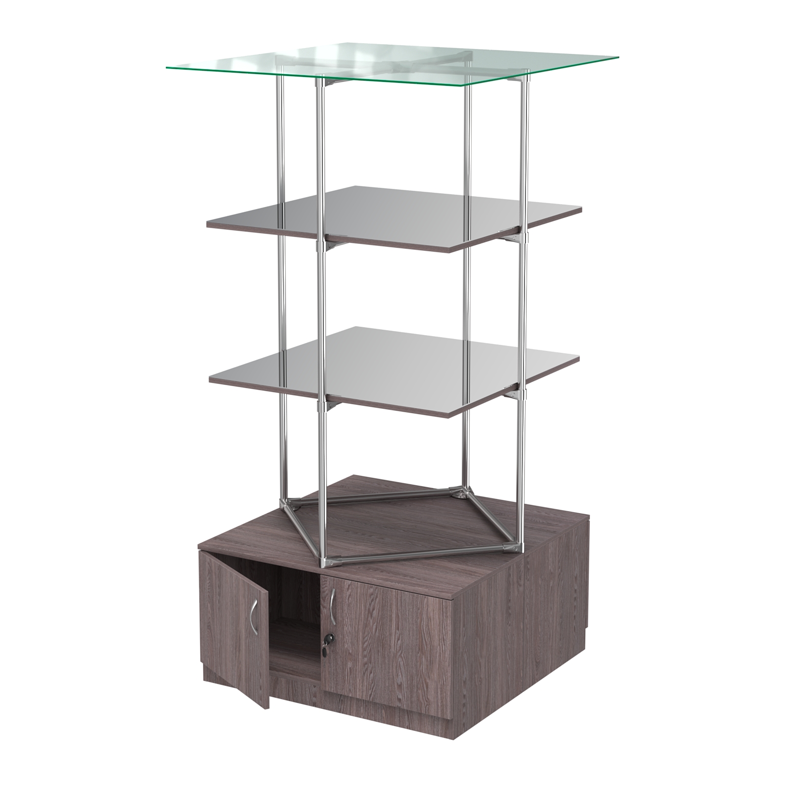 Торговые стенды Экспозиция с полками и тумбами №4 (с двумя зеркальными полками) Ясень Анкор темный