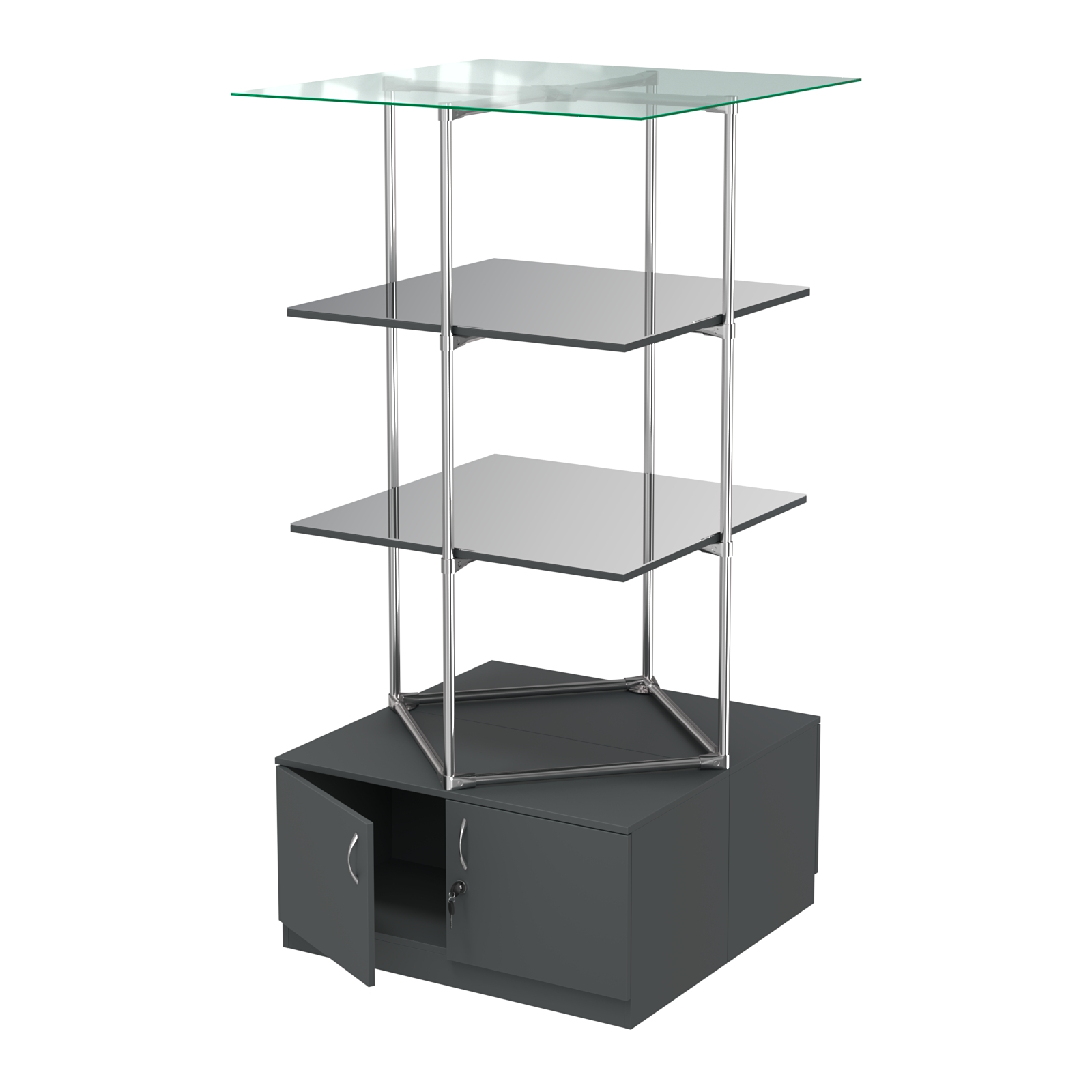 Торговые стенды Экспозиция с полками и тумбами №4 (с двумя зеркальными полками) Антрацит