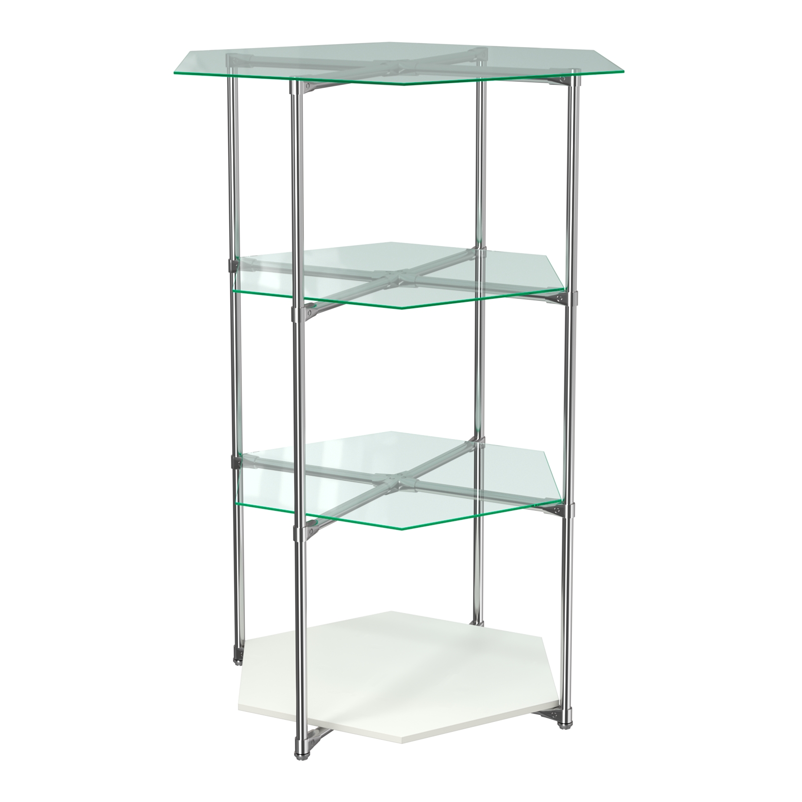 Торговый стенд ЗВЕЗДА с тремя стеклянными шестигранными полками №1 Белый