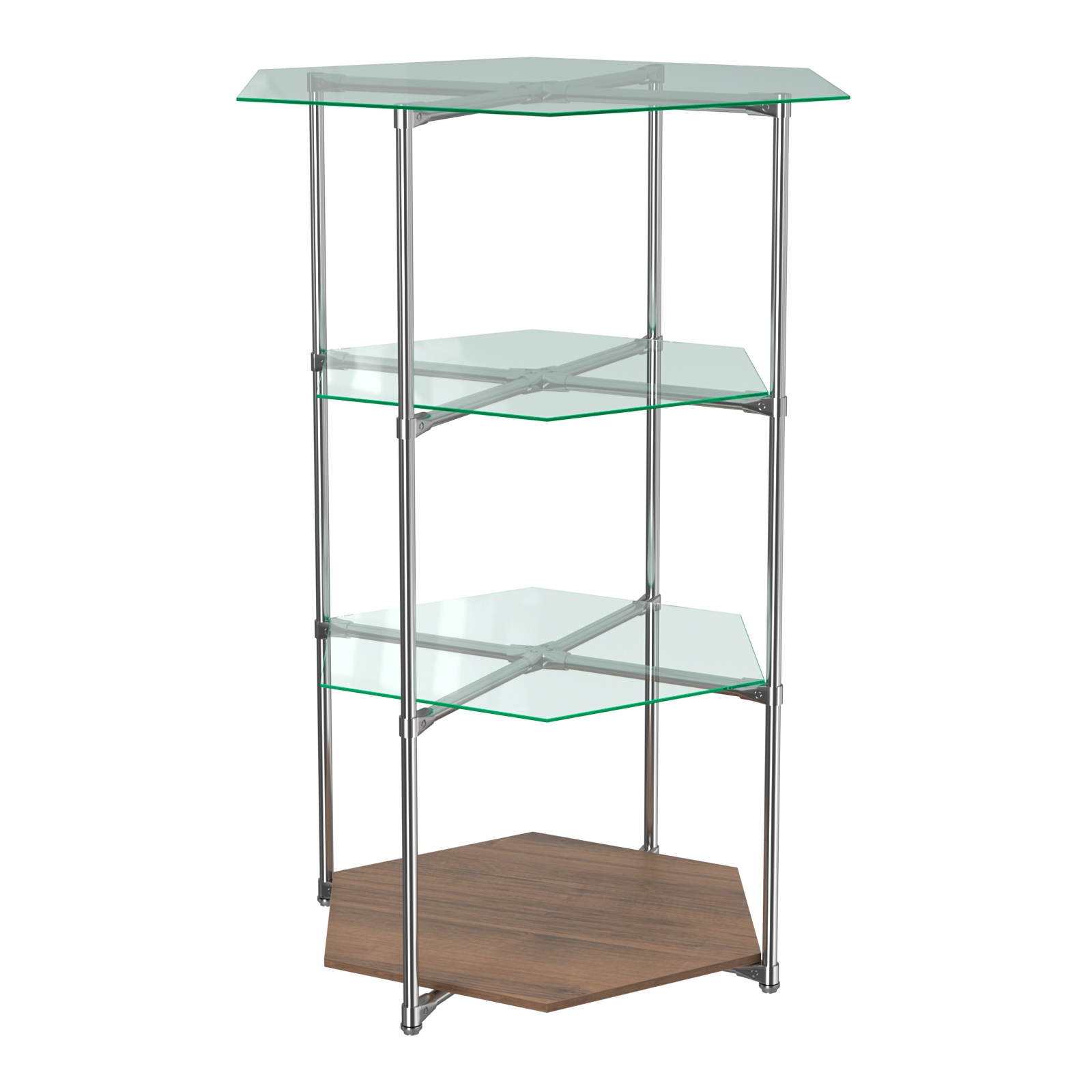 Торговый стенд ЗВЕЗДА с тремя стеклянными шестигранными полками №1 Орех