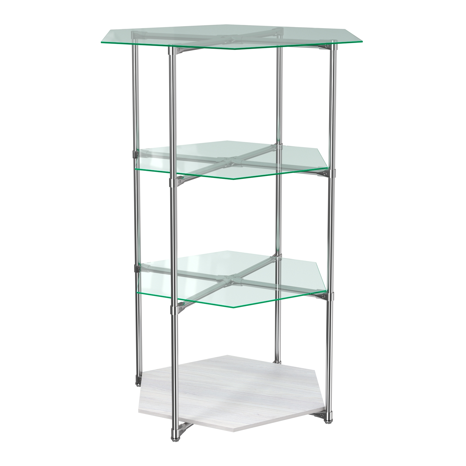 Торговый стенд ЗВЕЗДА с тремя стеклянными шестигранными полками №1 Ясень Анкор светлый