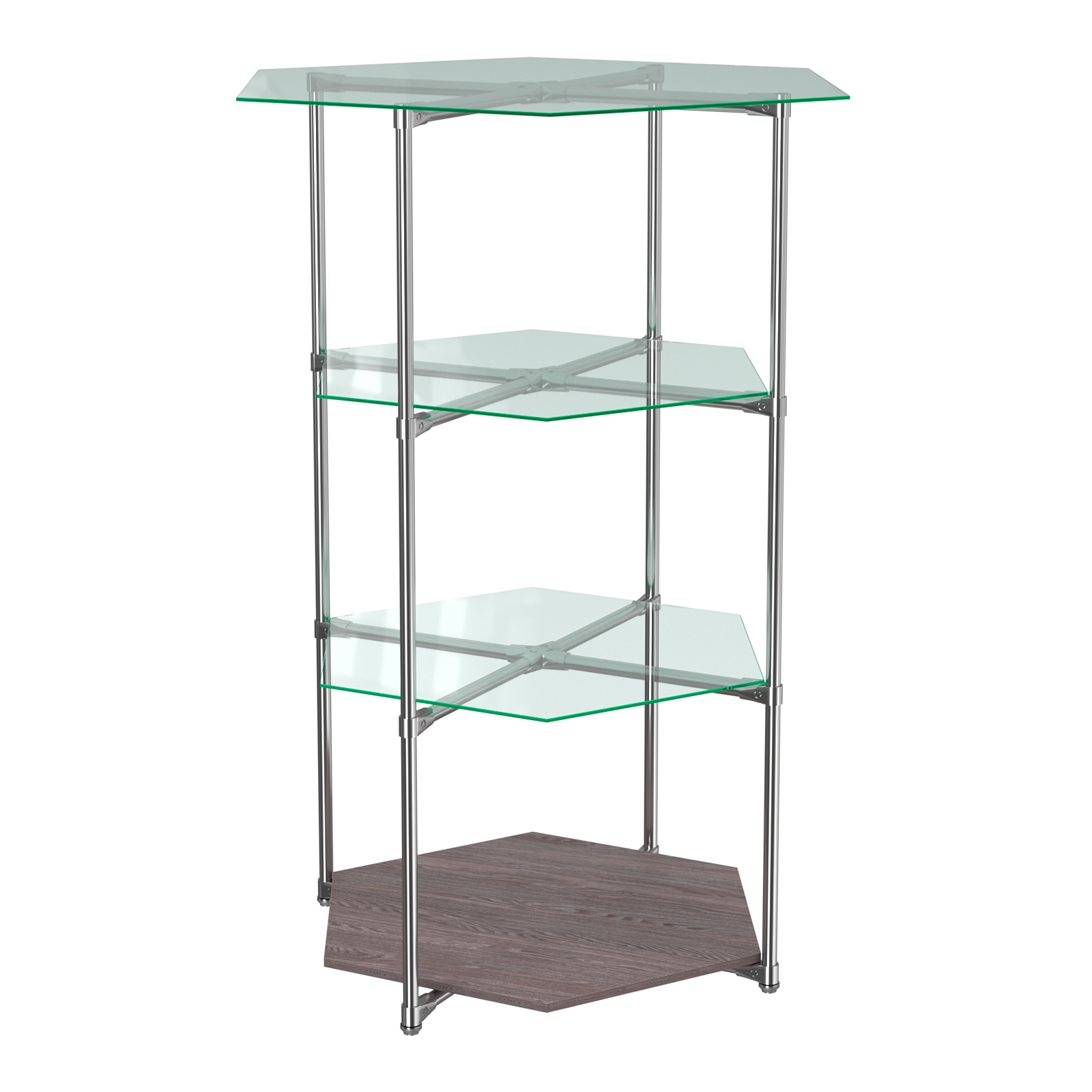 Торговый стенд ЗВЕЗДА с тремя стеклянными шестигранными полками №1 Ясень Анкор темный