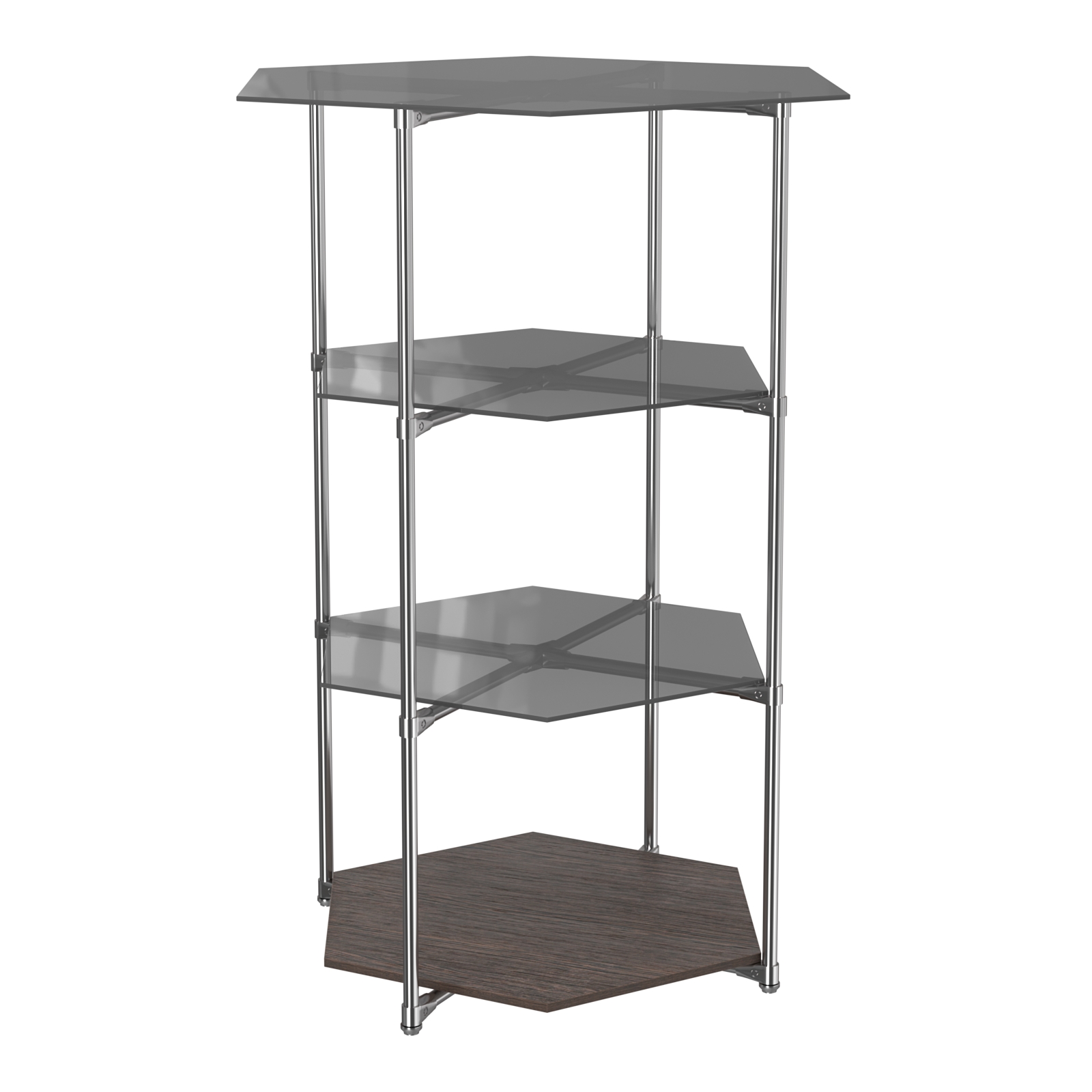 Торговый стенд ЗВЕЗДА с тремя тонированными стеклянными шестигранными полками №2 Дуб Венге