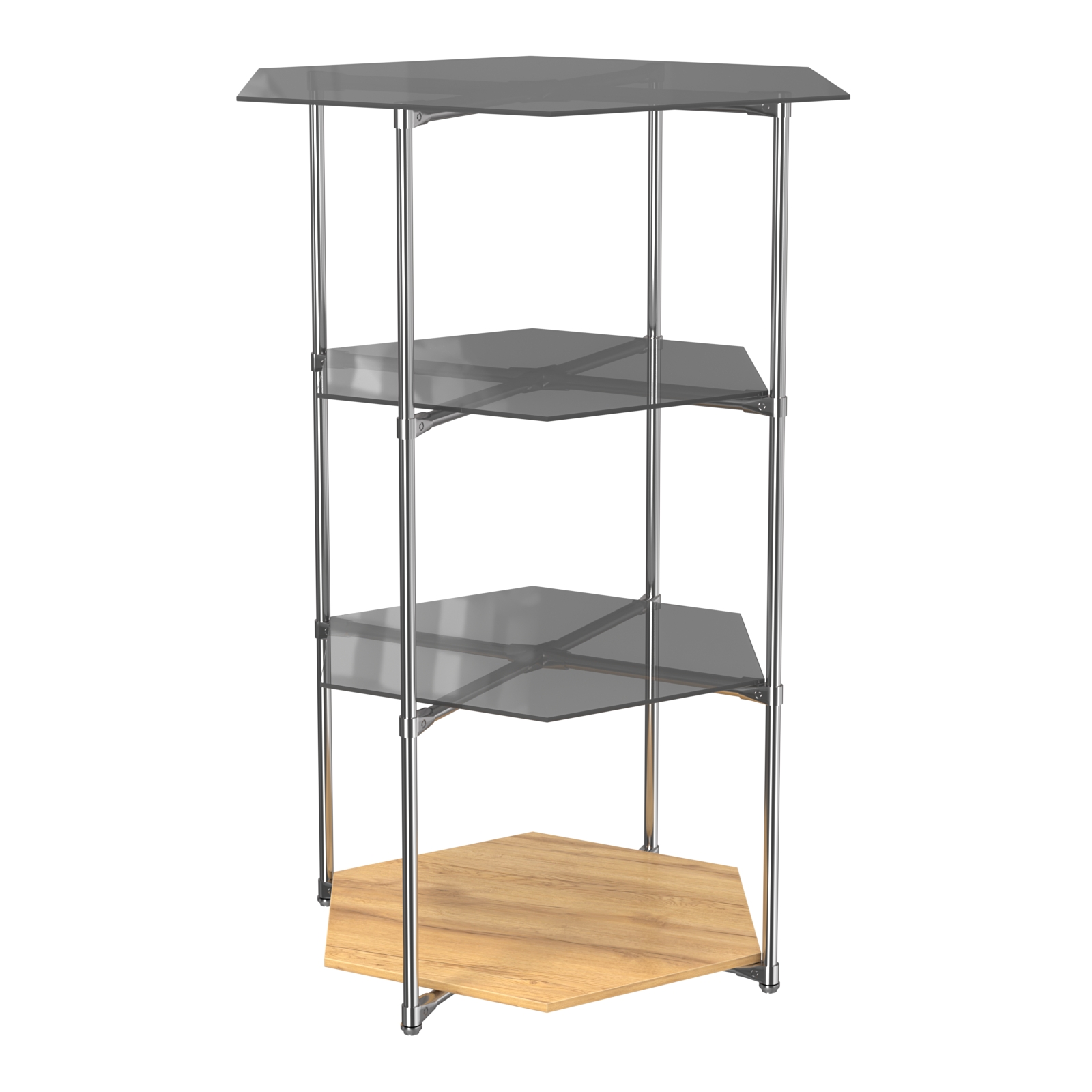 Торговый стенд ЗВЕЗДА с тремя тонированными стеклянными шестигранными полками №2 Дуб Золотистый