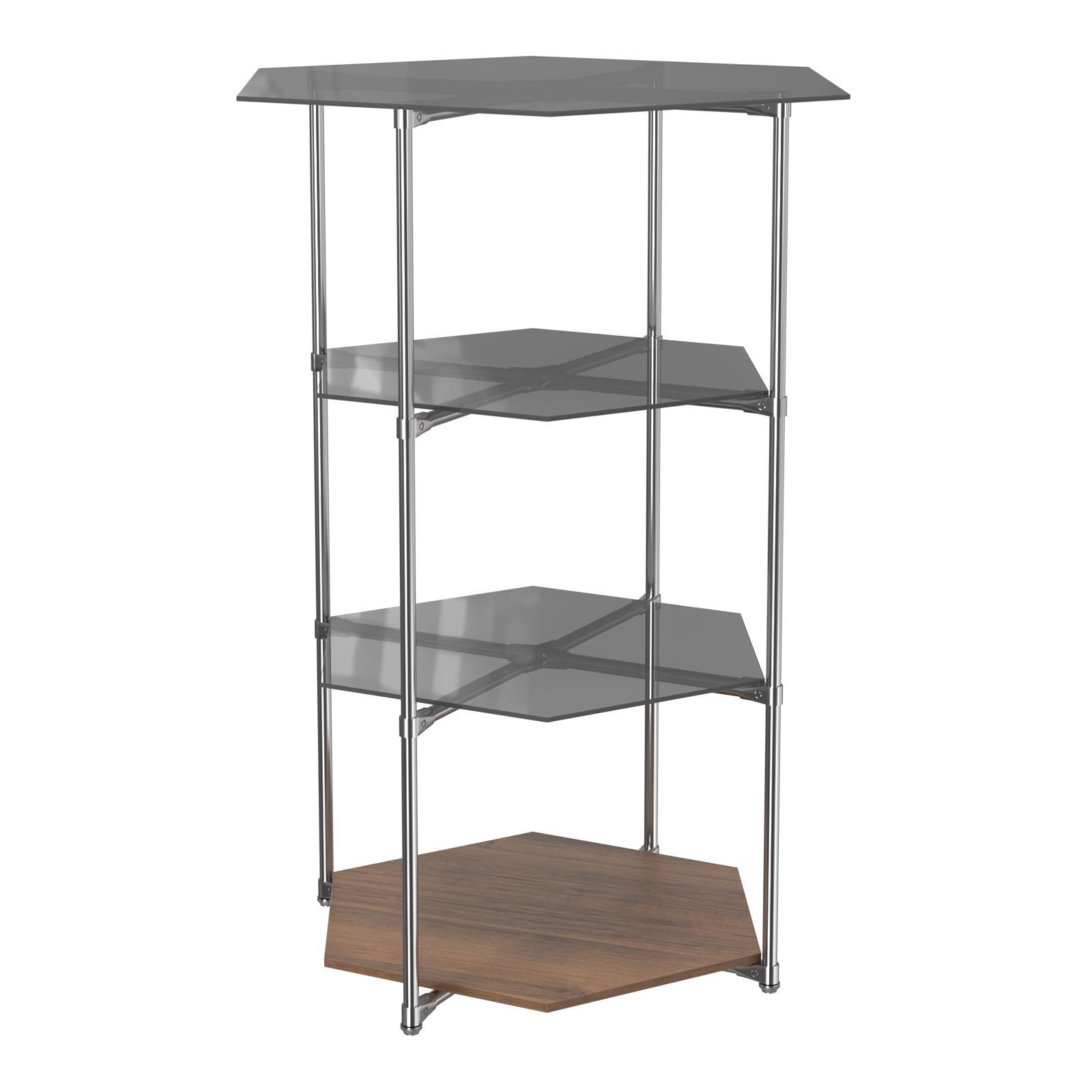 Торговый стенд ЗВЕЗДА с тремя тонированными стеклянными шестигранными полками №2 Орех