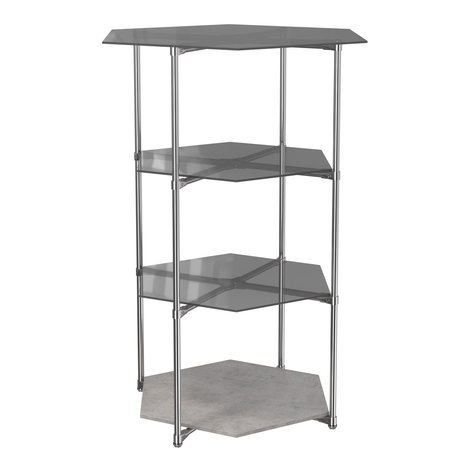 Торговый стенд ЗВЕЗДА с тремя тонированными стеклянными шестигранными полками №2 Бетон Чикаго светло-серый F186 ST9