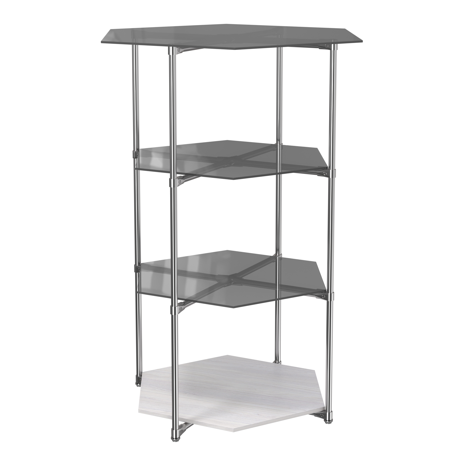 Торговый стенд ЗВЕЗДА с тремя тонированными стеклянными шестигранными полками №2 Ясень Анкор светлый