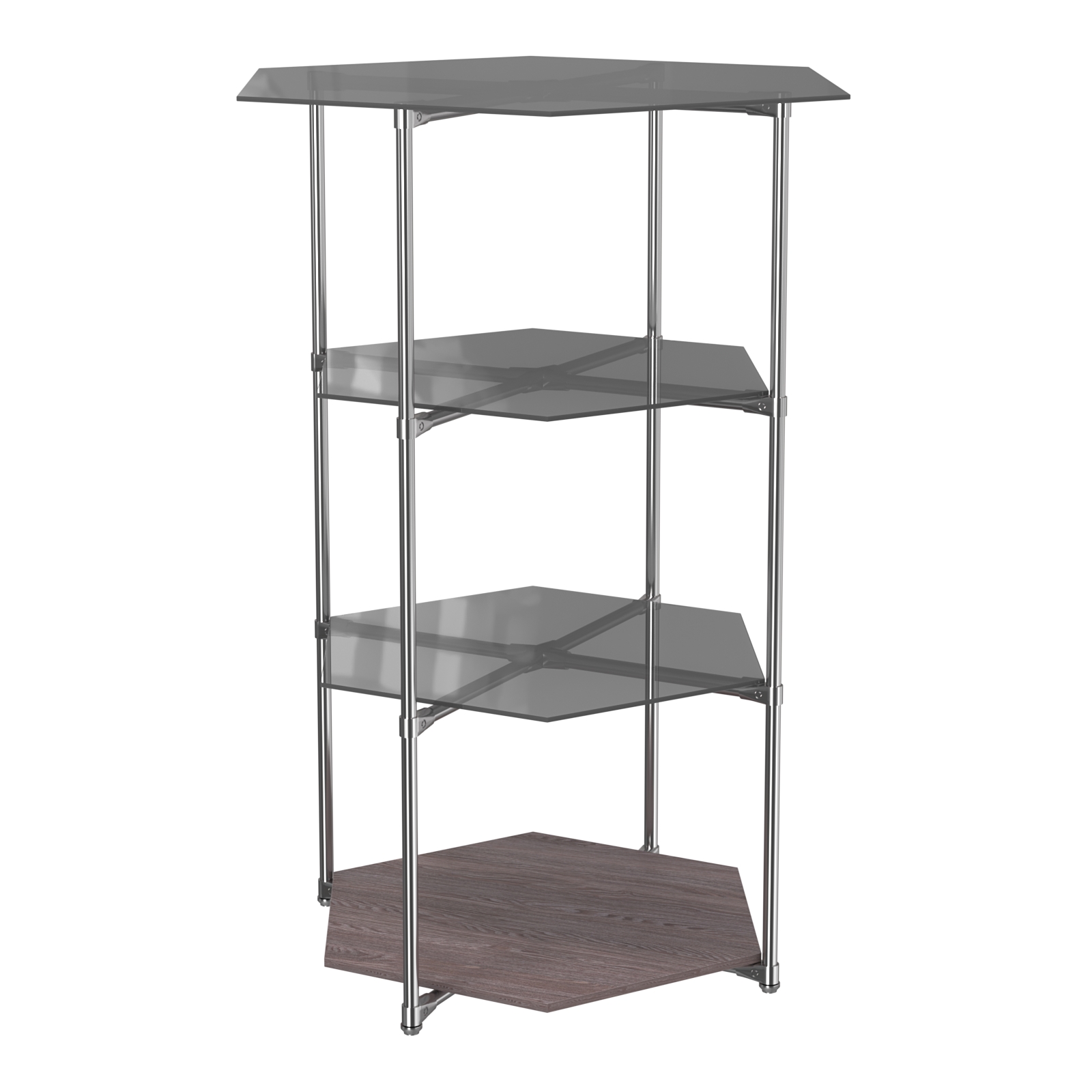 Торговый стенд ЗВЕЗДА с тремя тонированными стеклянными шестигранными полками №2 Ясень Анкор темный