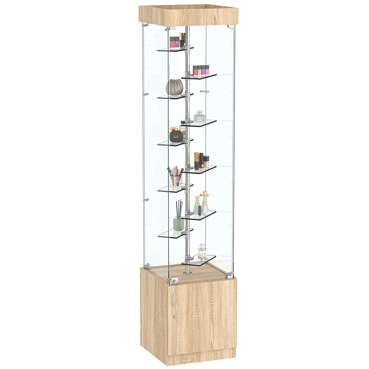 Квадратная стеклянная торговая витрина с маленькими прозрачными полочками Фрактал №2-2 Дуб сонома