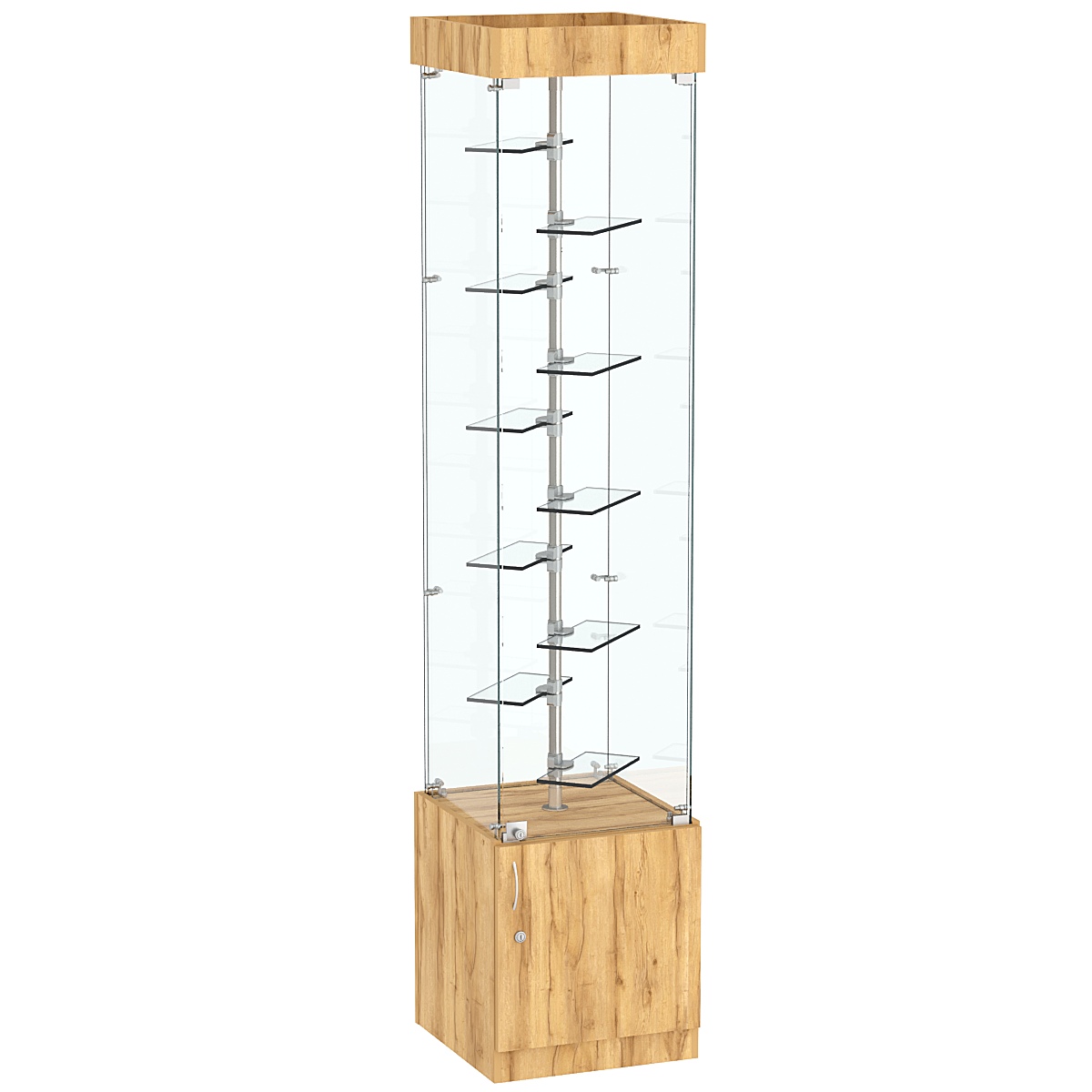 Квадратная стеклянная торговая витрина с маленькими прозрачными полочками Фрактал №2-2 Дуб Золотистый