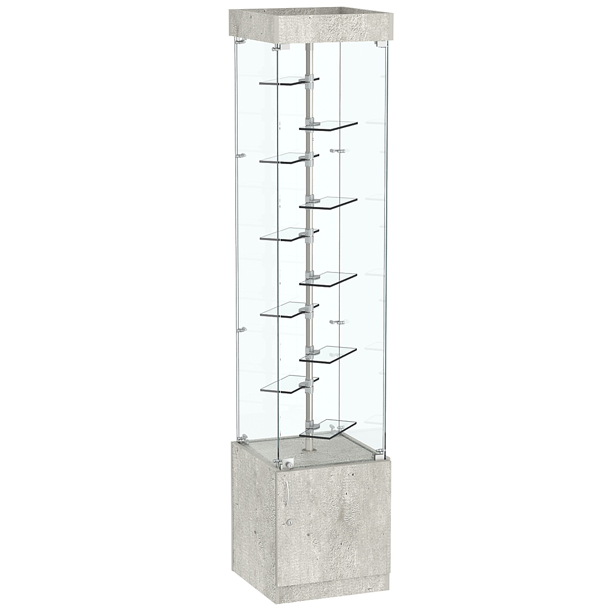 Квадратная стеклянная торговая витрина с маленькими прозрачными полочками Фрактал №2-2 Метрополитан Грей