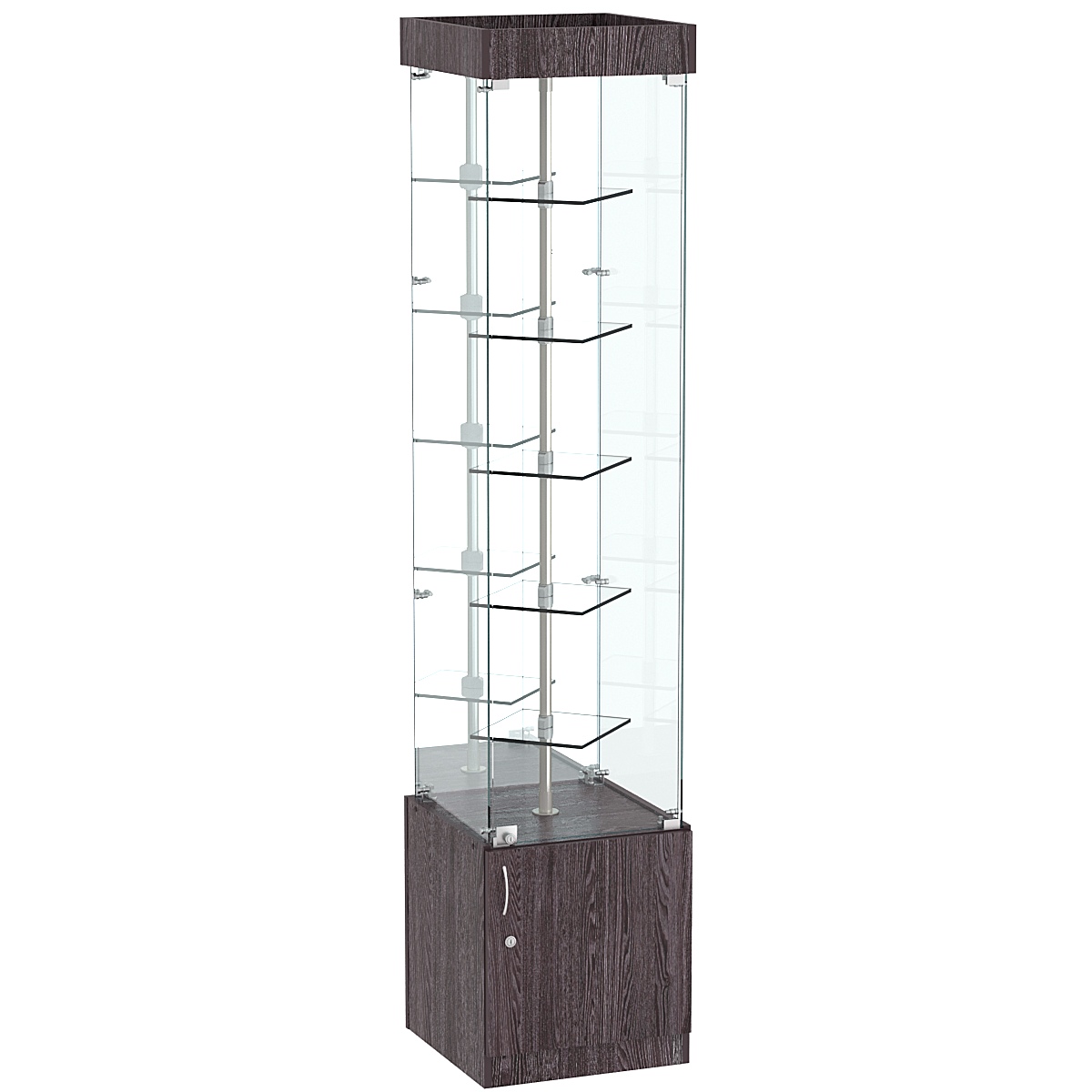 Стеклянная торговая витрина малая с зеркальной стенкой и двойными полками из прозрачного стекла Фрактал №4-1 Ясень Анкор темный - U31105