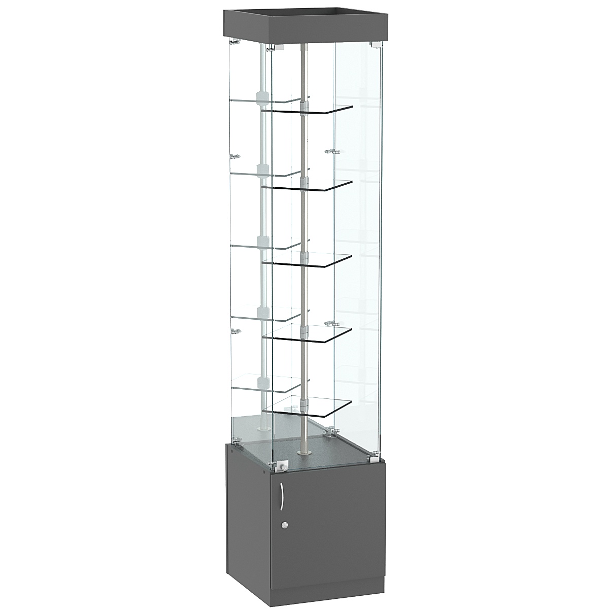 Стеклянная торговая витрина малая с зеркальной стенкой и двойными полками из прозрачного стекла Фрактал №4-1 Темно-Серый