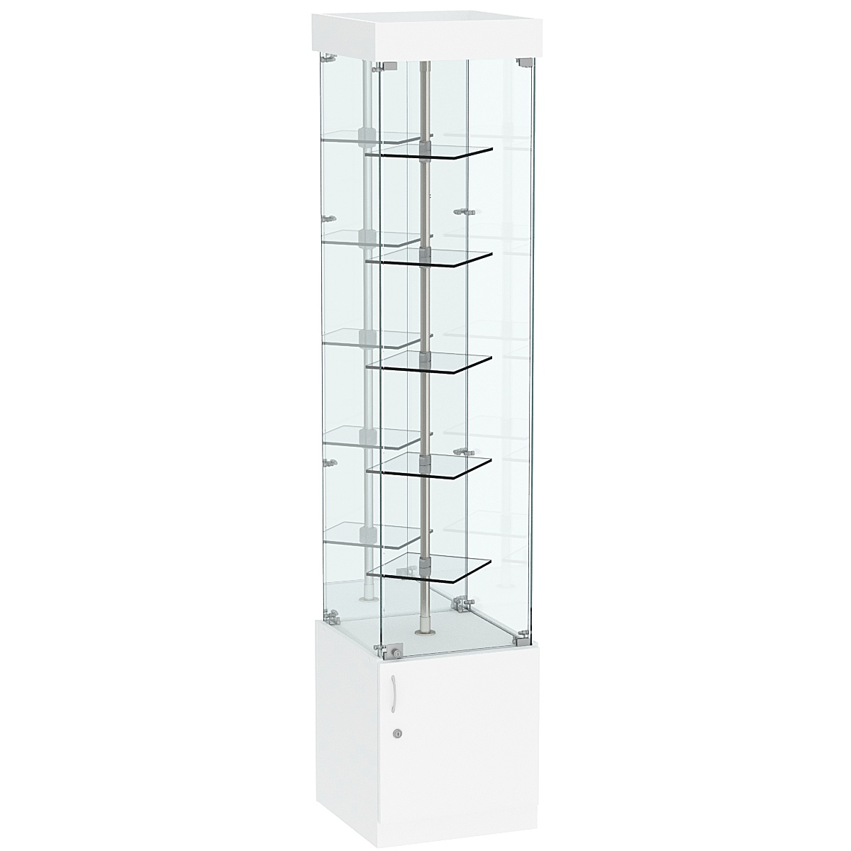 Стеклянная торговая витрина малая с зеркальной стенкой и двойными полками из прозрачного стекла Фрактал №4-1 Белый