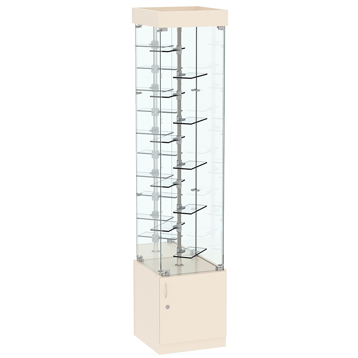 Стеклянная торговая витрина квадратная с зеркалом и десятью миниатюрными прозрачными полочками Фрактал №4-2 Крем Вайс