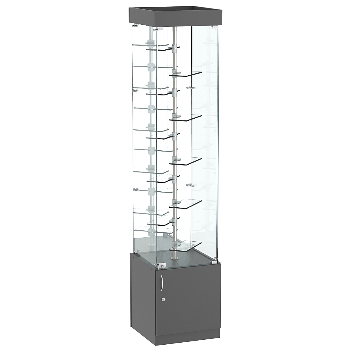 Стеклянная торговая витрина квадратная с зеркалом и десятью миниатюрными прозрачными полочками Фрактал №4-2 Темно-Серый