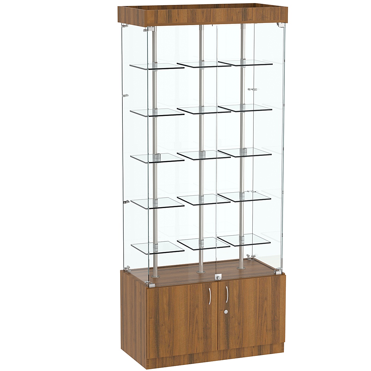 Стеклянная торговая витрина широкая с верхней подсветкой и маленькими прозрачными полками Фрактал №1-1 Орех