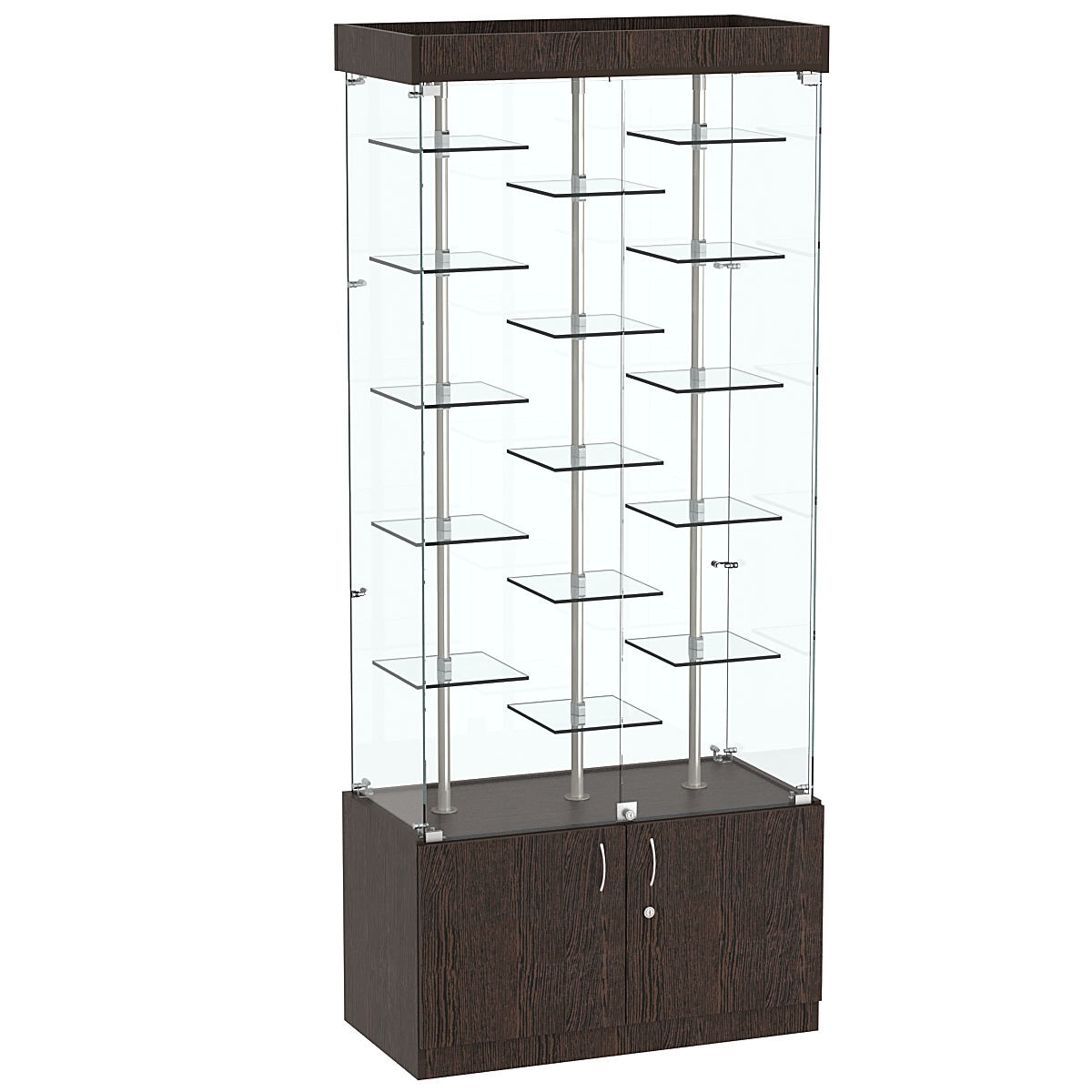 Стеклянная торговая витрина с двойными регулируемыми по высоте полочками Фрактал №1-2 Дуб Венге
