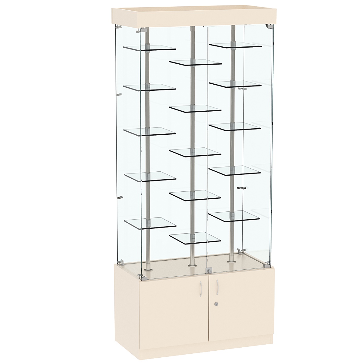Стеклянная торговая витрина с двойными регулируемыми по высоте полочками Фрактал №1-2 Крем Вайс