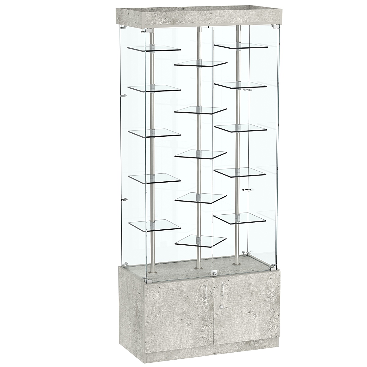 Стеклянная торговая витрина с прозрачными стенками и миниатюрными демонстраци- онными полочками Фрактал №1-3 Метрополитан Грей