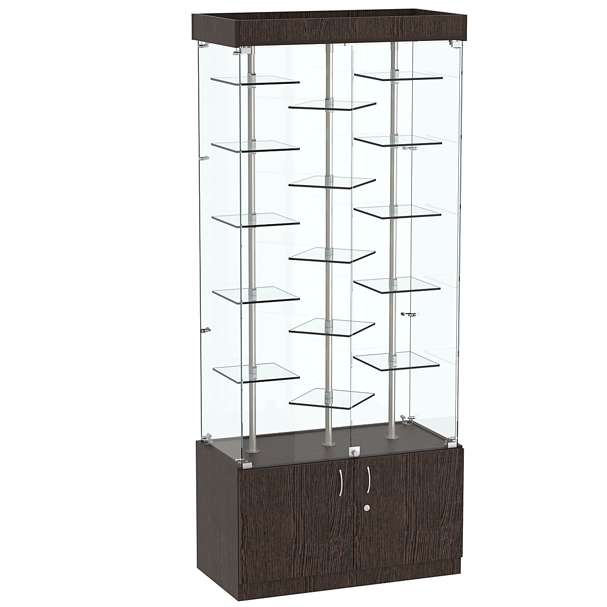 Стеклянная торговая витрина с прозрачными стенками и миниатюрными демонстраци- онными полочками Фрактал №1-3 Дуб Венге