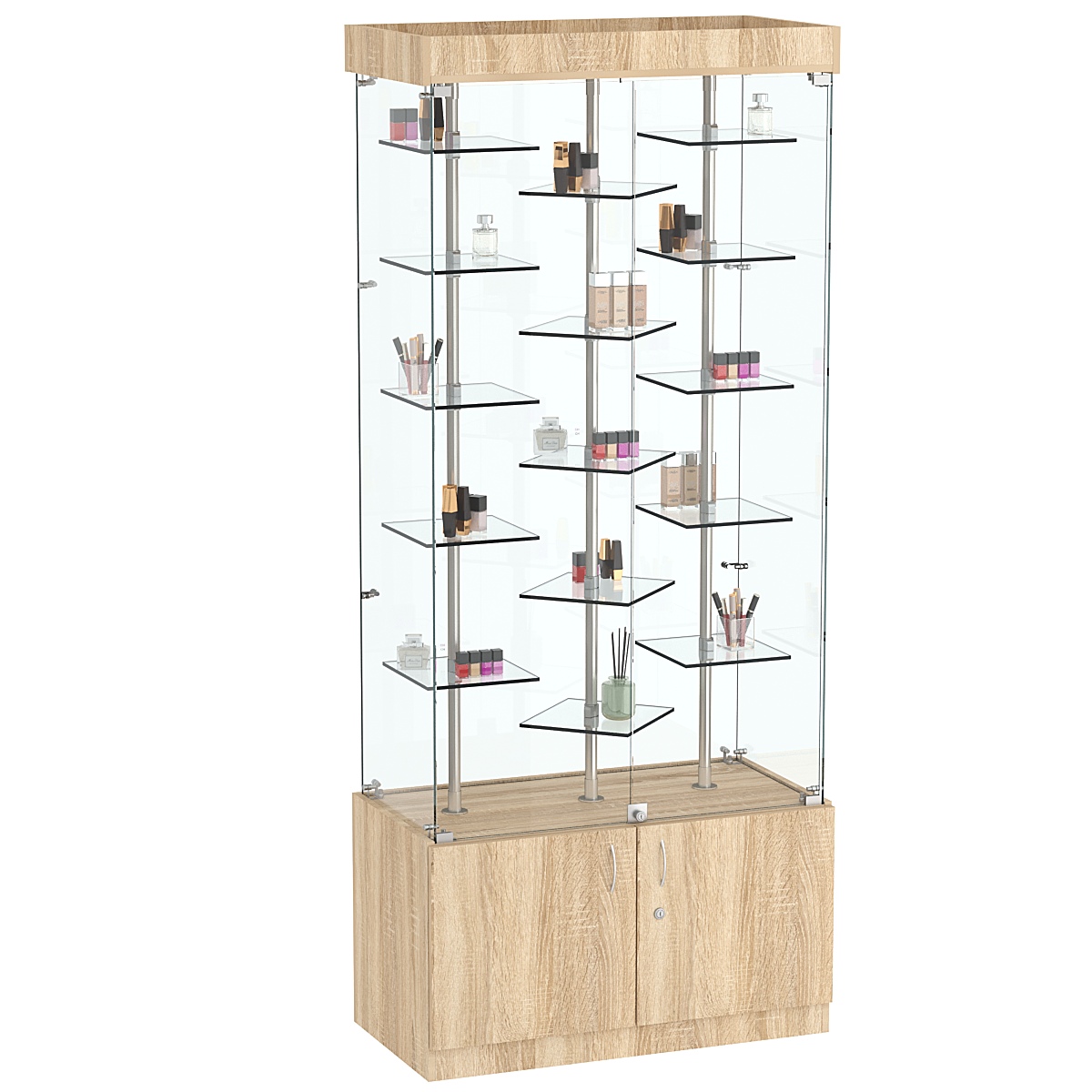 Стеклянная торговая витрина с прозрачными стенками и миниатюрными демонстраци- онными полочками Фрактал №1-3 Дуб сонома